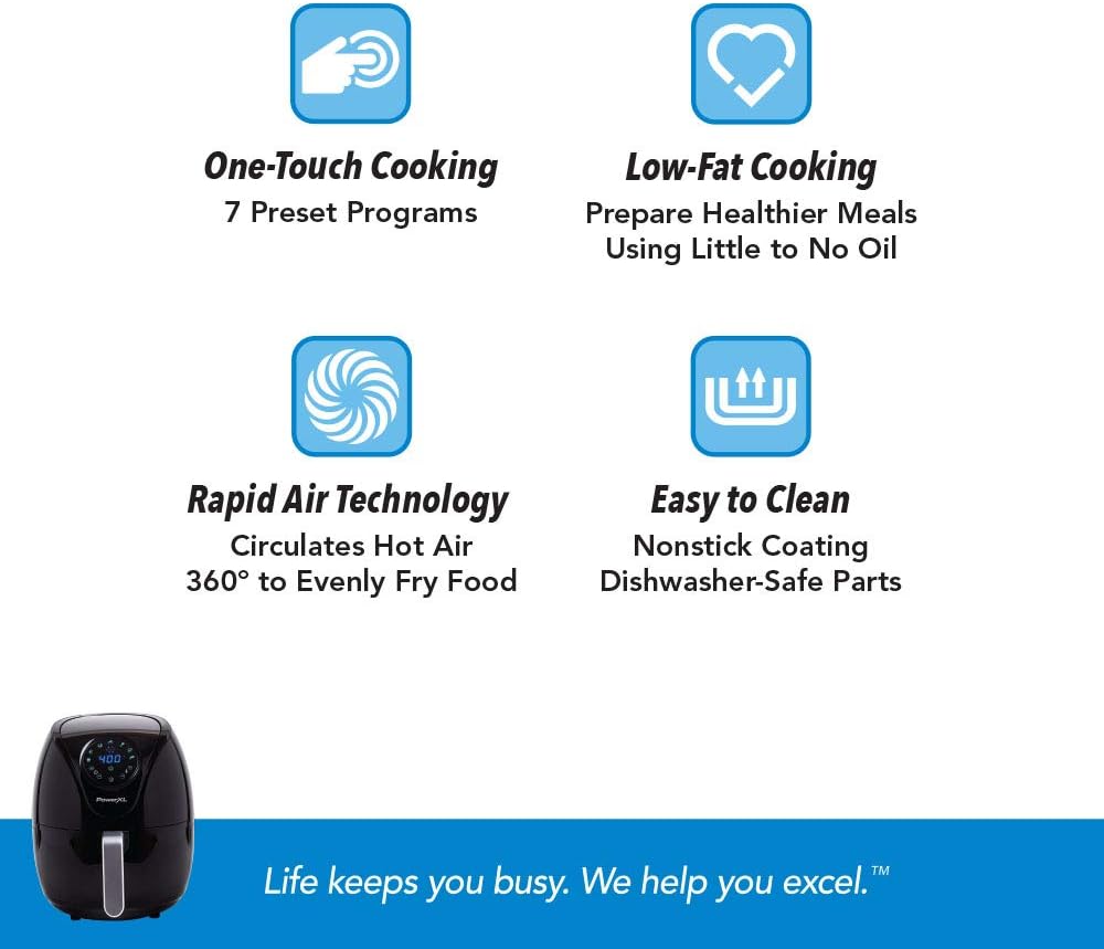 PowerXL Air Fryer 7 QT Maxx Classic, Extra Hot Air Fry, Cook, Crisp, Broil, Roast, Bake, High Gloss Finish, Nonstick, Black
