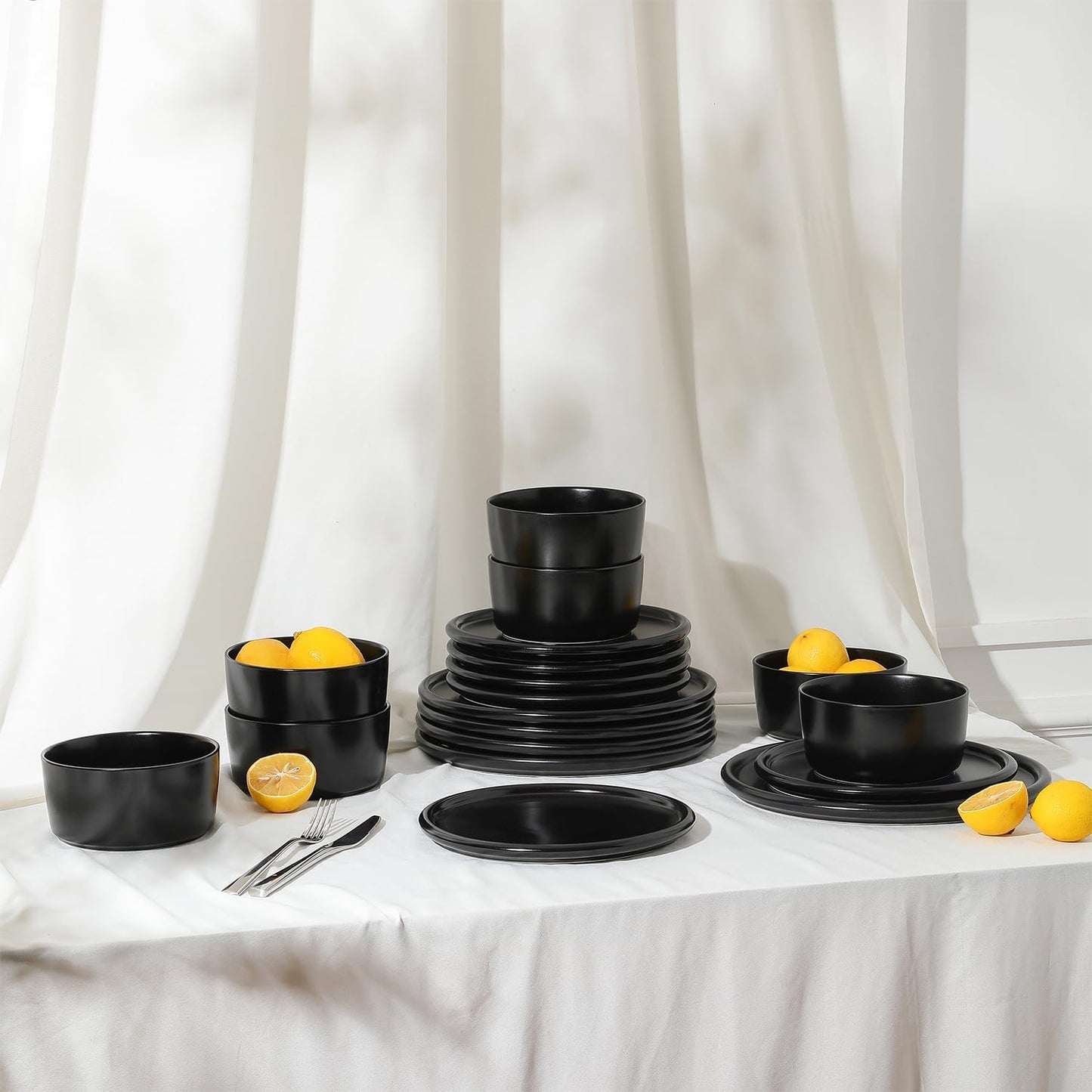 Stone Lain Eden 12-Piece Dinnerware Set Stoneware, Plates and Bowls Set, Dishwasher and Microwave Safe Dish, Dish Set for 4, Black