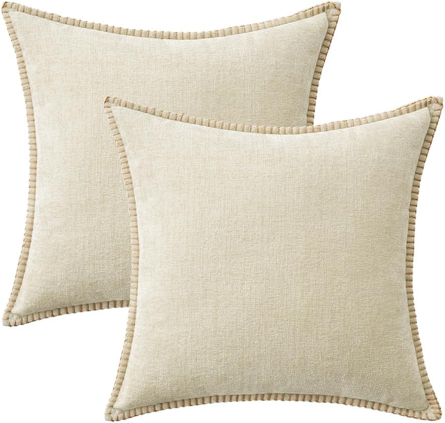MIULEE Pack of 2 Christmas Pillow Covers 20x20 Inch Cream White Farmhouse Decorative Throw Pillow Covers with Stitched Edge Soft Chenille Solid Dyed Couch Pillow Covers for Sofa Bed Living Room