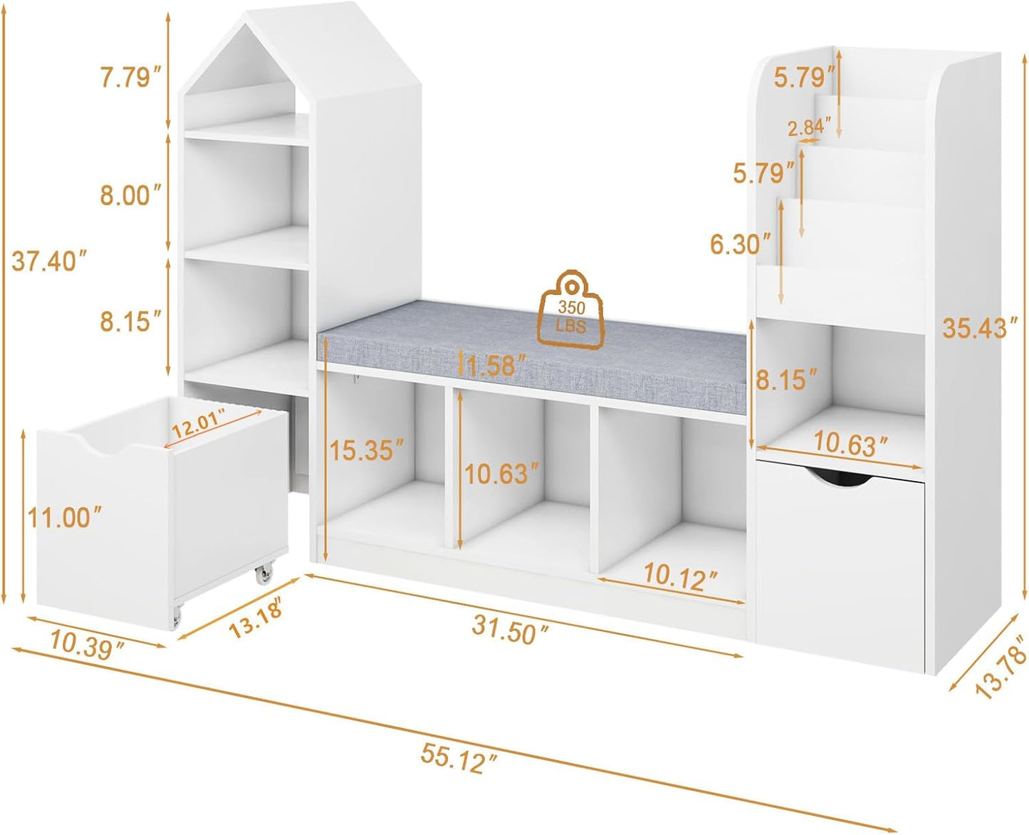 Vabches Kids Bookcase and Bookshelf with Reading Nook, Multifunctional Bookcase with 7 Storage Cubbies 2 Movable Drawers, Bookcases with Seat Cushion for Toy Storage Organizer Children's Room, Bedroom