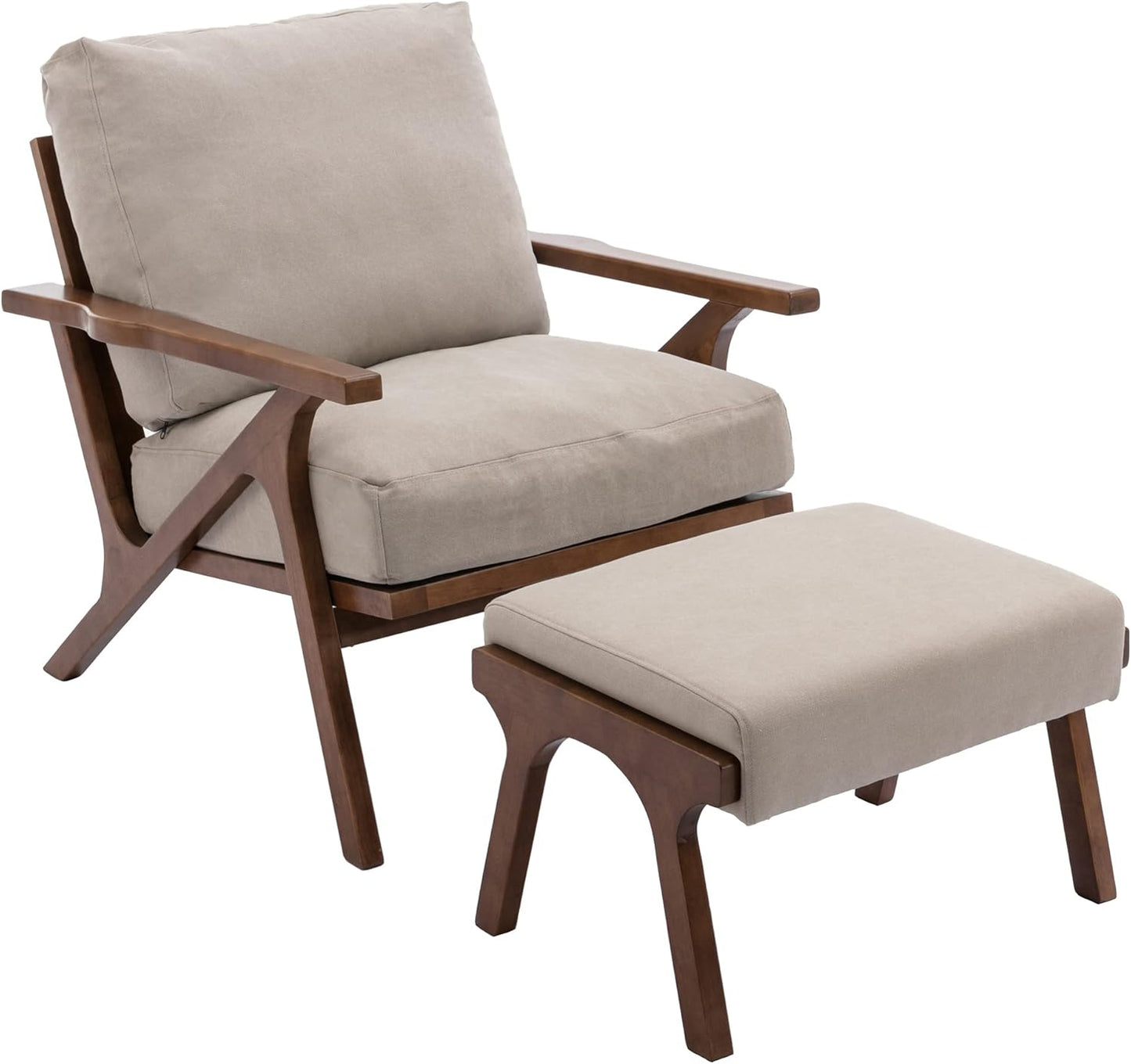 Mid Century Modern Accent Chair with Ottoman, Farmhouse Linen Upholstered Living Room Armchair and Ottoman Set, 23" Seat Wide Retro Leisure Lounge Chair with Wood Frame for Home, Bedroom, Beige