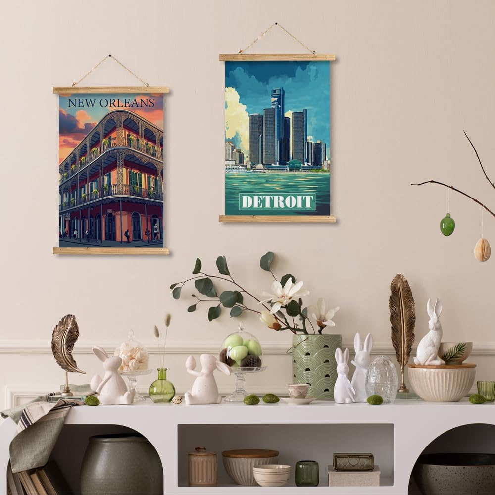 WREVERW Vintage New Orleans Poster Canvas Print with Wooden Hanger Frame, Featuring French Quarter Architecture and Iconic Iron Balconies, Wall Art for Home and Office Decor, 16x23 inches