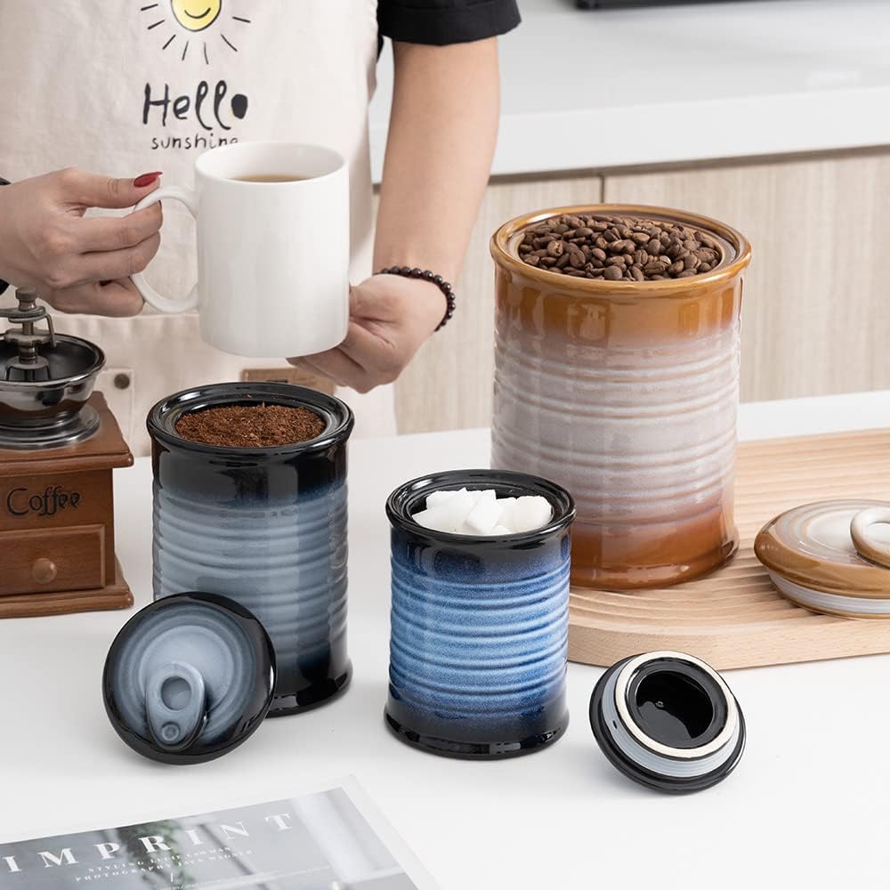 Nihow Food Storage Jar Sets: Ceramic Container with Air Tight Lid for Flour/Sugar/Rice/Coffee/Cookies/Candy - Seal Damp-proof Canister for The Kitchen - Set of 3 (Blue & Black)