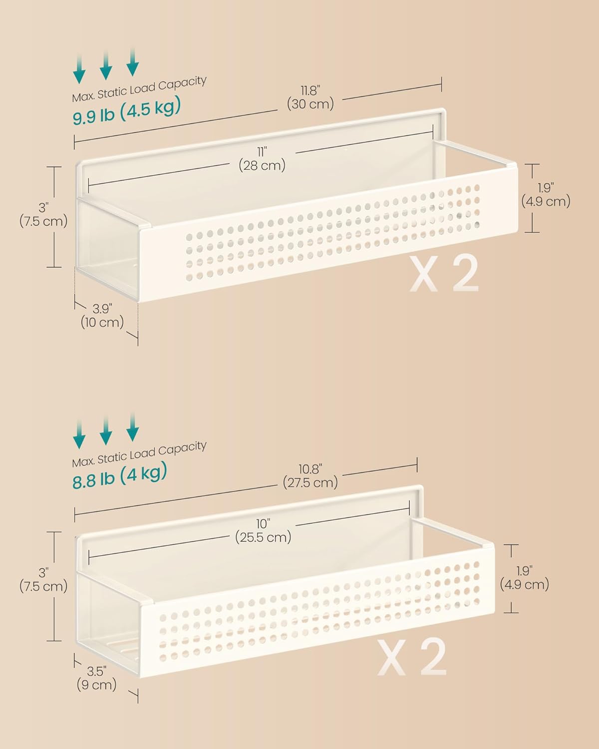 SONGMICS Magnetic Spice Rack for Refrigerator, Set of 4, 2 Large and 2 Small Kichen Magnetic Shelves for Microwave, Washing Machine, Spice Organizers, No Drilling Needed, Cream White UKCS061W01