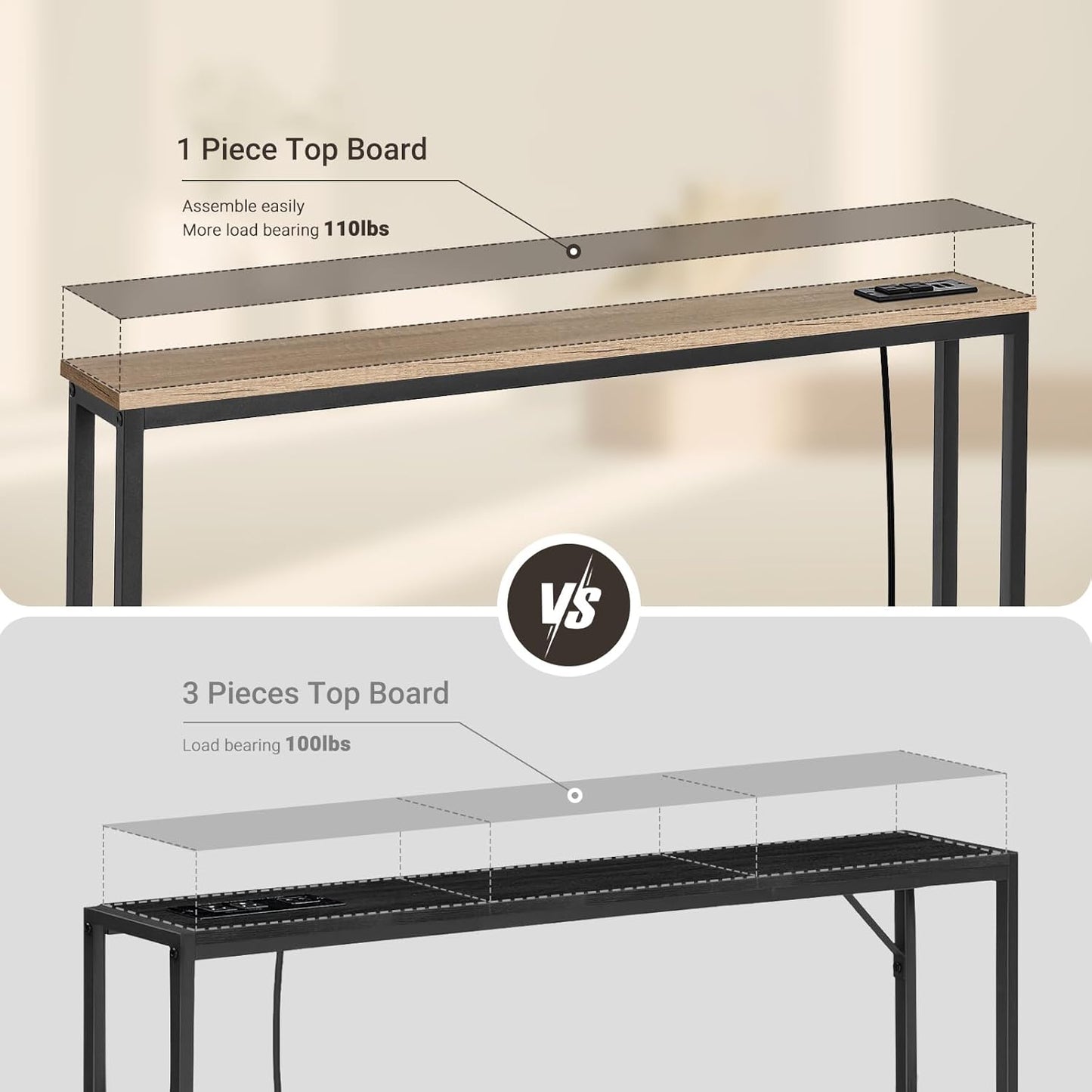 ELYKEN 5.9" Narrow Console Sofa Table with Power Outlets, 5.9" Dx39.4 Wx31.1 H Long Couch Table with Metal Frame and Charge Station with 6.5’ Extension Cord, White Oak