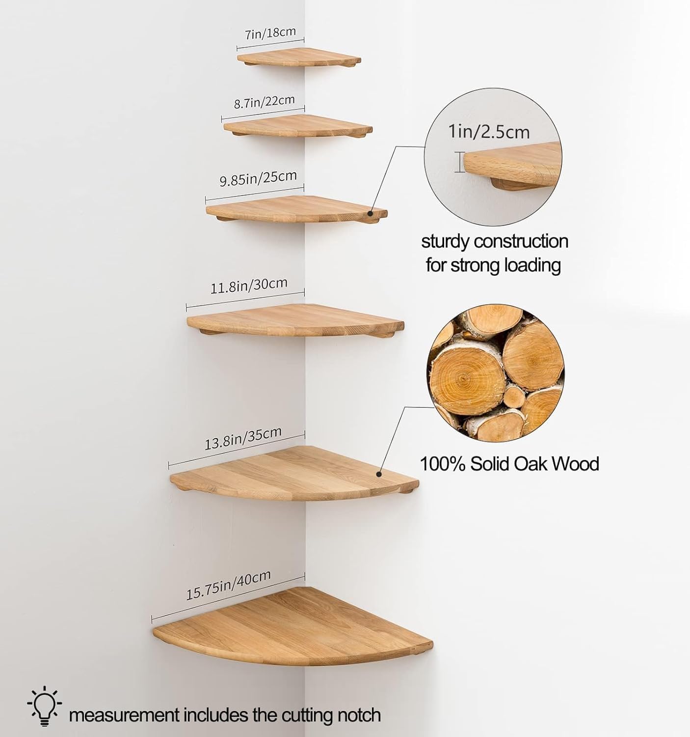 Corner Shelf, 7inch Solid Oak Wood Floating Corner Shelf Wall Mount Round End Floating Speaker Shelves with Wire Hole for Small Plant Photo Frame for Bedroom Kitchen, Living Room