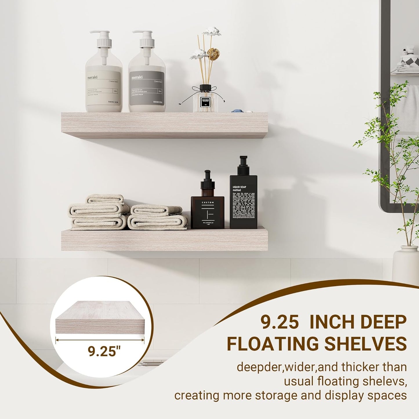 16 Inch Floating Shelves, 3D Textured Wood Grain, 16"x9.25"x1.5" Inch Deep Floating Shelves for Wall, Wooden Shelves for Bathroom, Bedroom, Living Room, Washed White