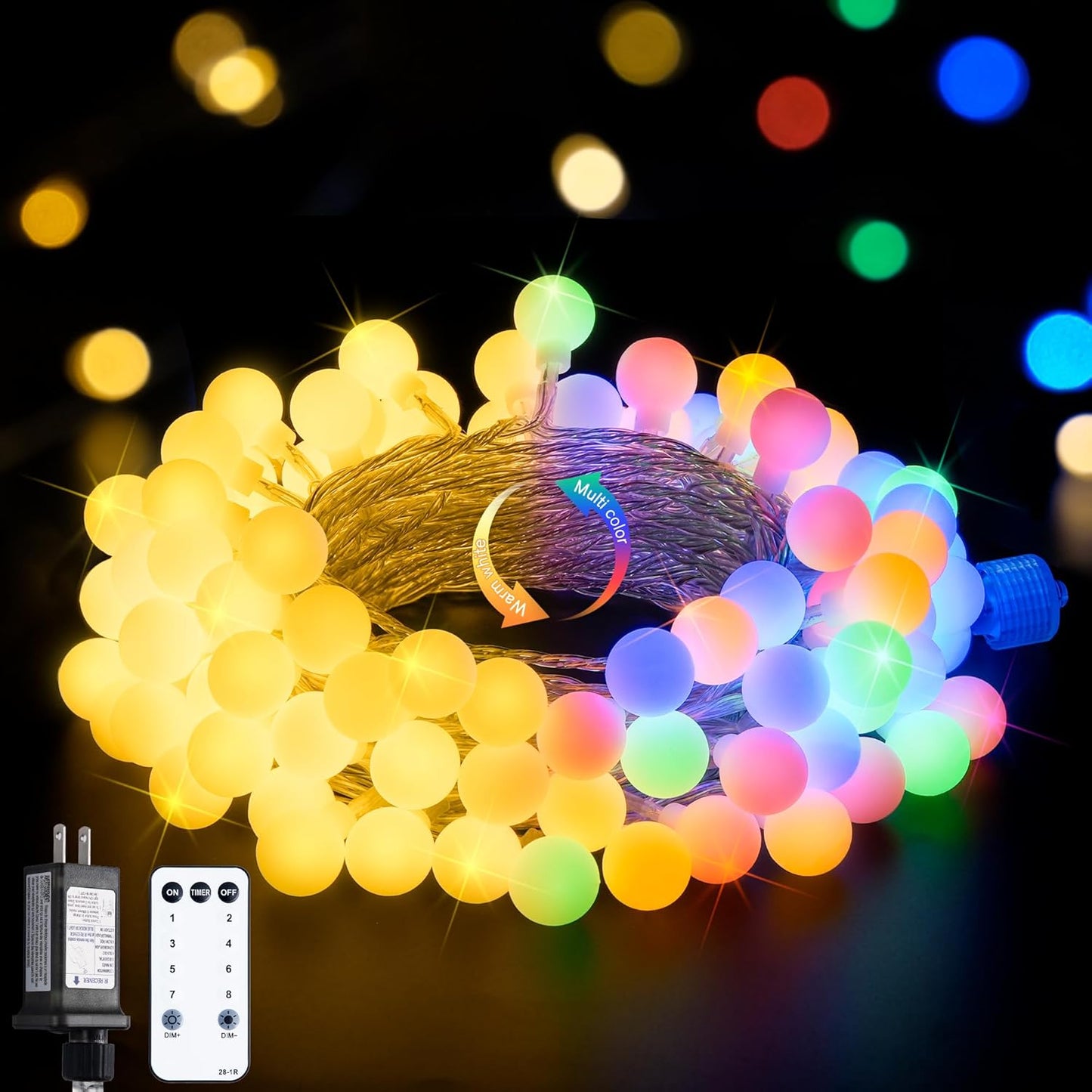 JMEXSUSS Globe String Lights Indoor, Color Changing Fairy Lights Plug in, Warm White & Multicolor Christmas Light with Remote for Bedroom Room Wedding Classroom Decor