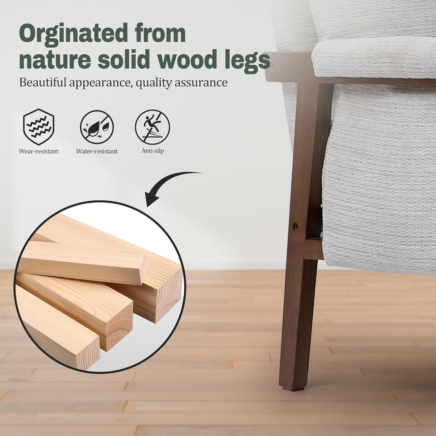 Modern Accent Chair for Living Room Mid Century Arm Chair Upholstered Bedroom Chair Comfy Lounge Chair with Solid Wood Frame, White