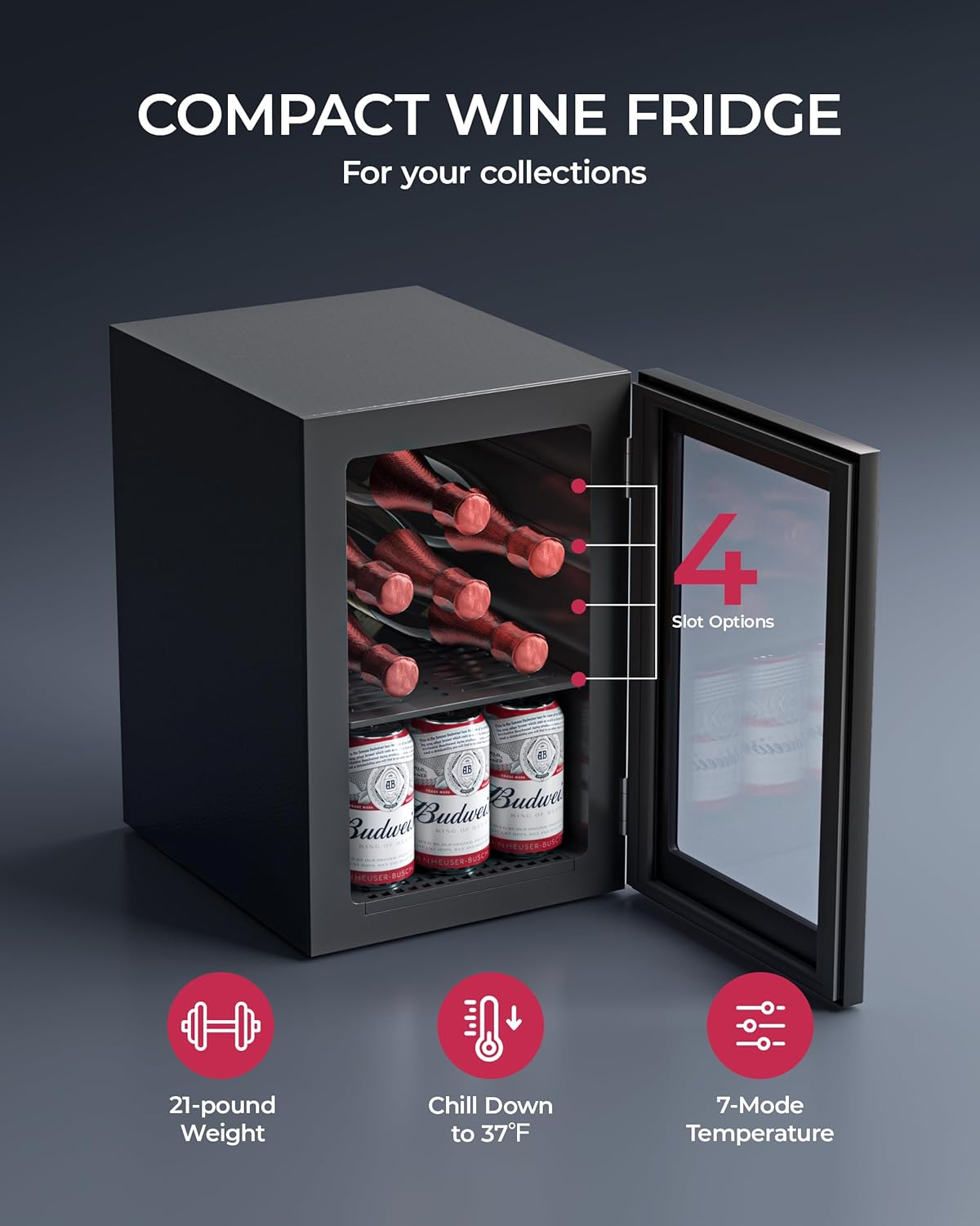 6 Bottles and 6 Cans Compact Beverage Refrigerator, Freestanding Mini Fridge with Temperature Control for Beer Wine, Under Counter Small Refrigerator Adjustable Shelve & Glass Door for Home and Bar