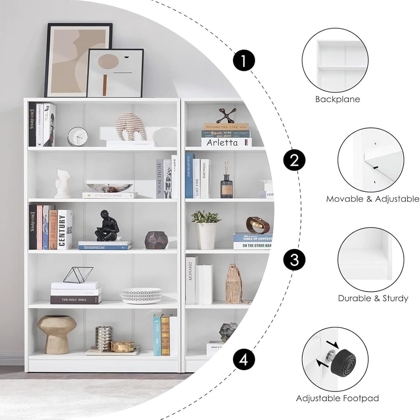 Bookshelf, Open Modern Bookshelf, 5 Shelf Bookcase with Freestanding Display Storage, Wooden Book Shelf for Bedroom, Living Room, Dinning Room, Office, 60 Inch, White