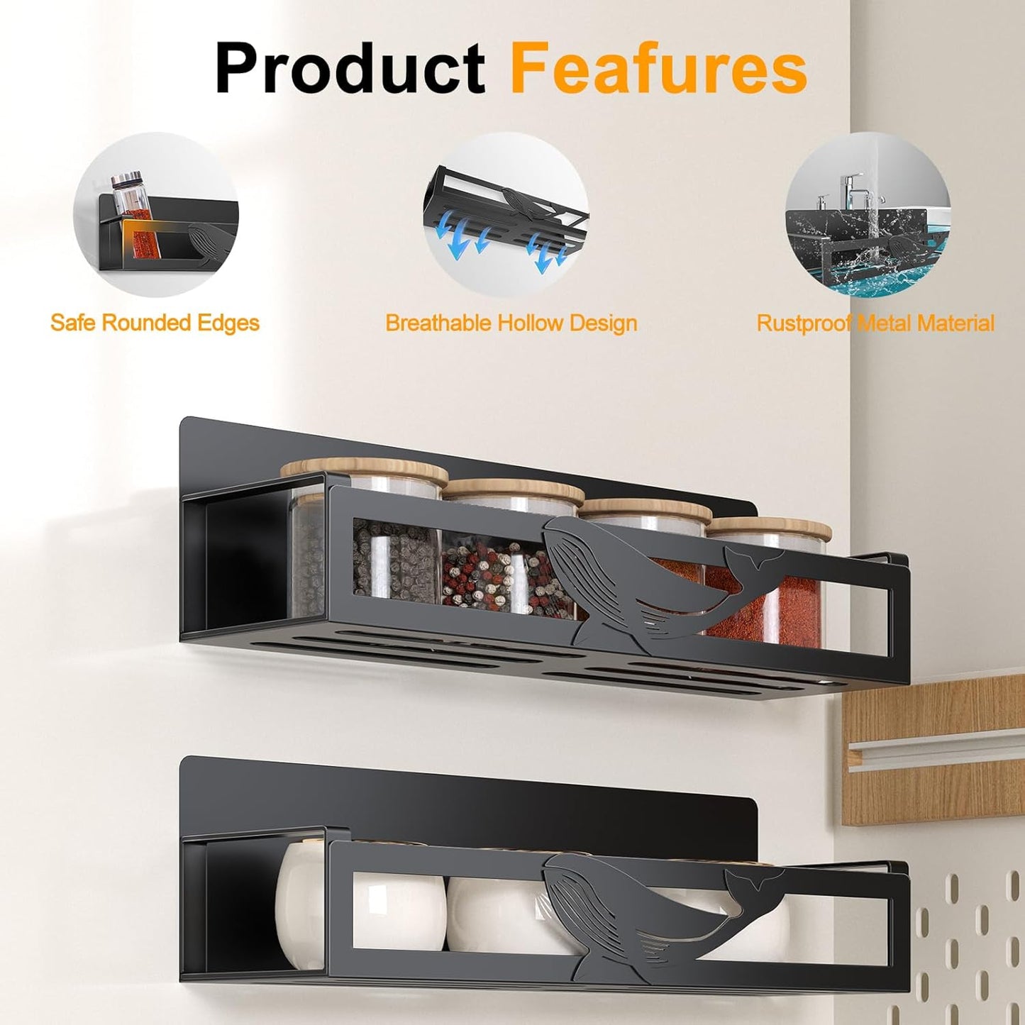 Magnetic Spice Rack for Refrigerator, 2-Pack Metal Spice Organizer for Kitchen Storage Organization, Magnetic Shelf for Fridge Space Saving Seasoning Organizer, Black