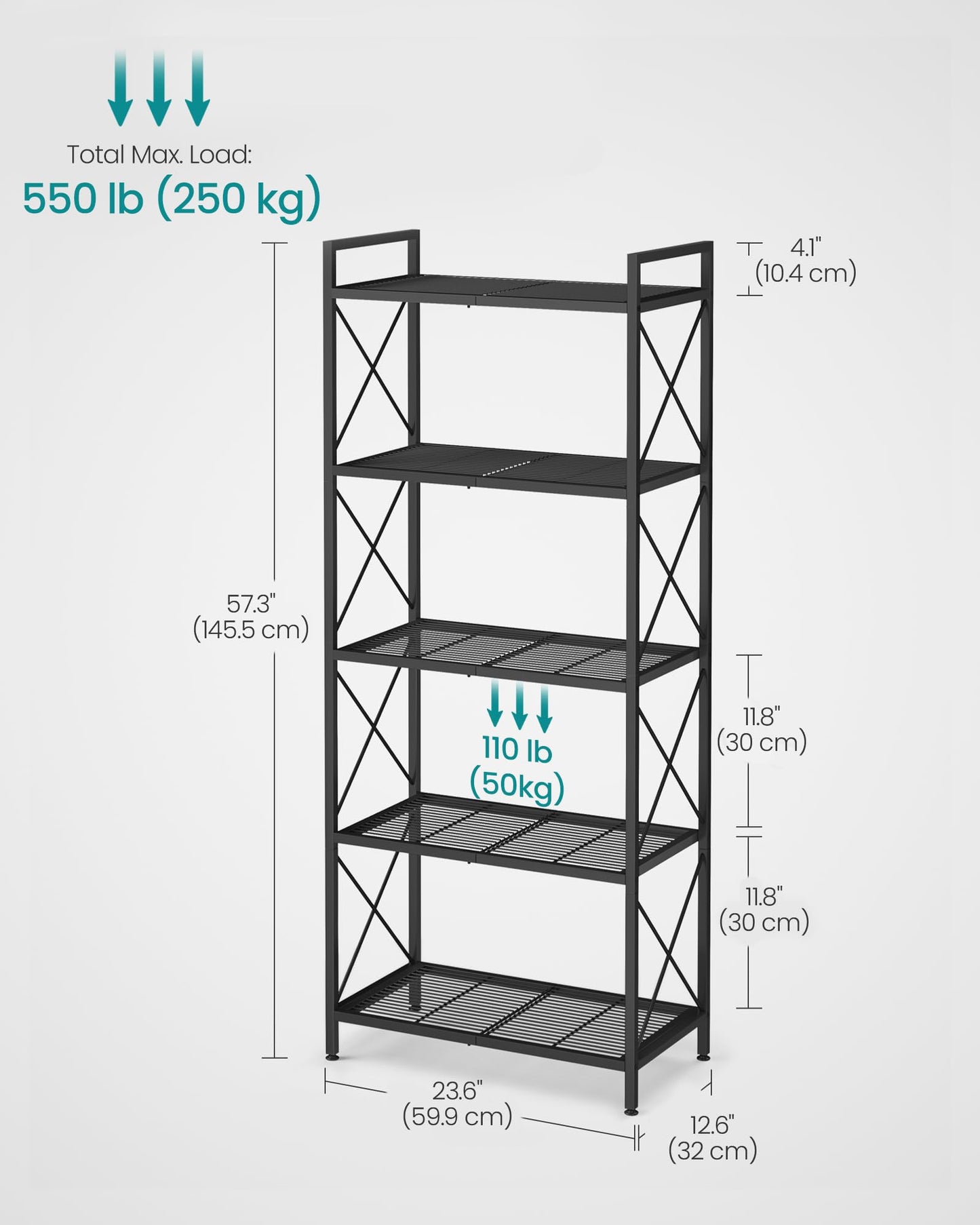 SONGMICS 5-Tier Metal Storage Rack, Shelving Unit with X Side Frames
