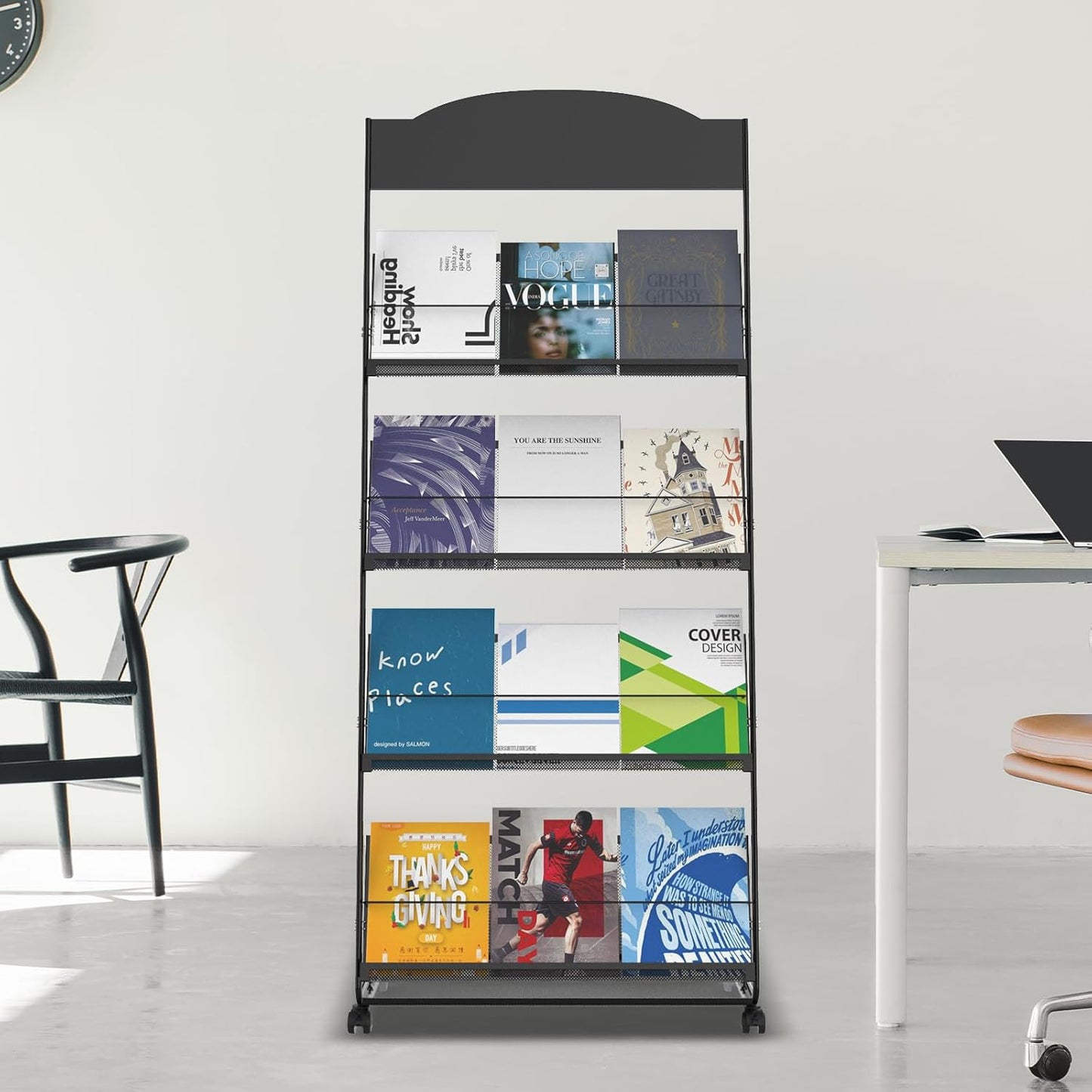 Floor-Standing Magazine Rack 4-Layer with Wheels, Semi-arched top Brochure Display Stand, High-hardness metal for Exhibitions, Office, and Any Organization Requiring Information Display (Arc-Black)