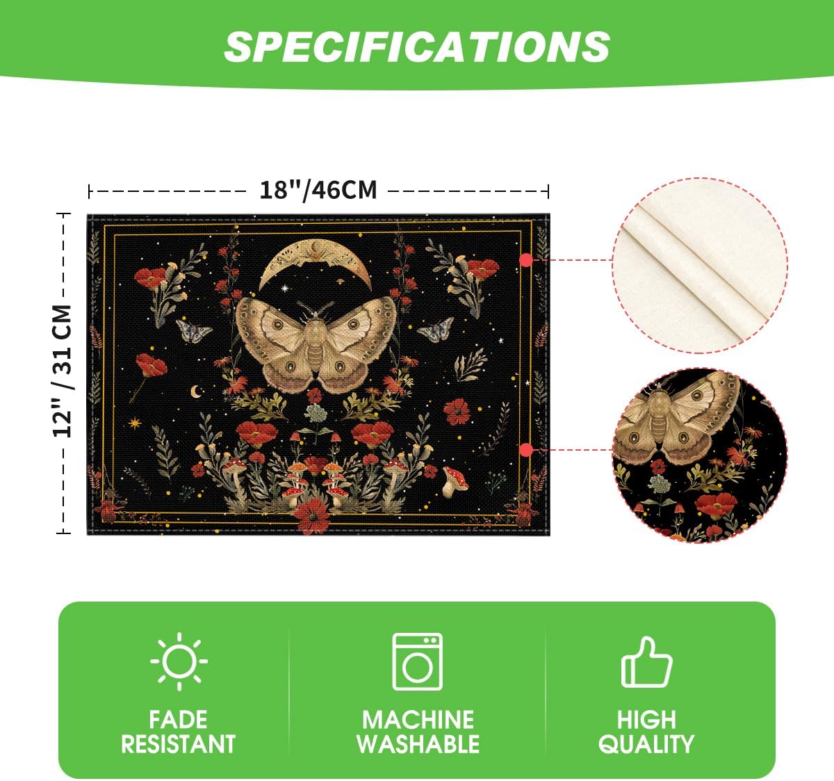 Artoid Mode Black Poppy Moth Moon Placemats Set of 4, 12x18 Inch Floral Spring Table Mats for Outdoor Home Party Kitchen Dining Decor