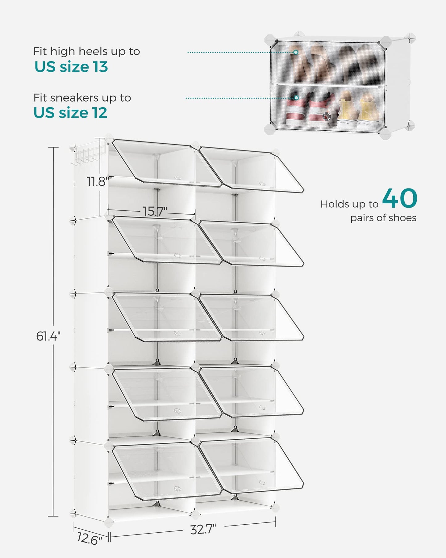 SONGMICS Shoe Rack Organizer, 10-Tier Shoe Storage Cabinet for Closet and Entryway, Holds 40 Pairs