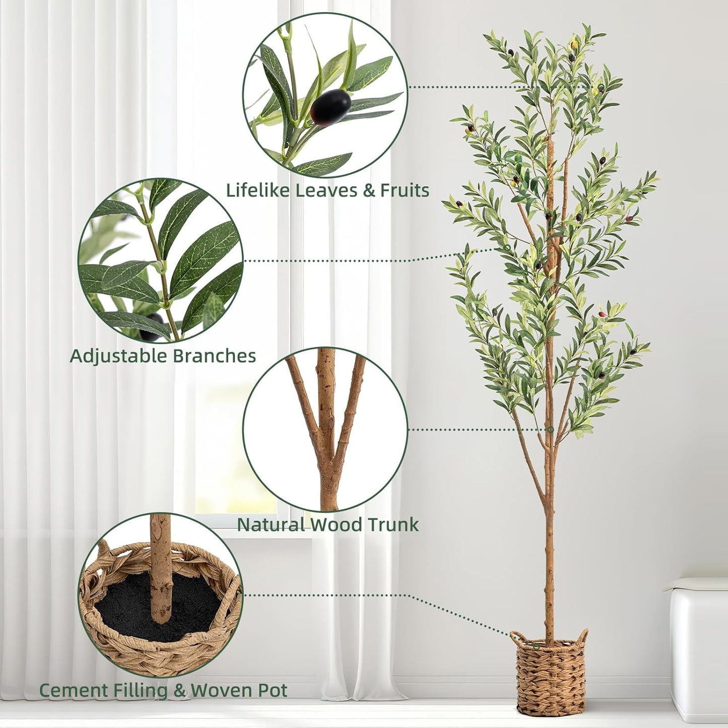 6ft Artificial Olive Tree with LED Fairy Lights, Tall Faux Potted Plant with Woven Basket - Natural Wooden Trunk & Lifelike Leaves & Fruits for Indoor Home Office Foyer Decor Housewarming Gift