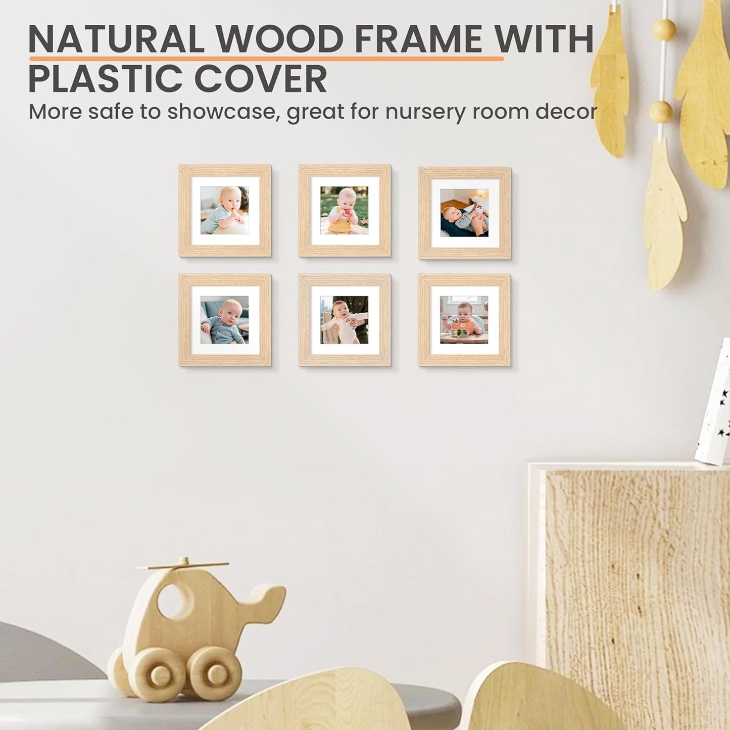 upsimples 4x4 Picture Frame, Natural Solid Wooden Picture Frames, Display 3x3 with Mat or 4 x 4 Without Mat, Wall or Tabletop, 1 Pack, Natural