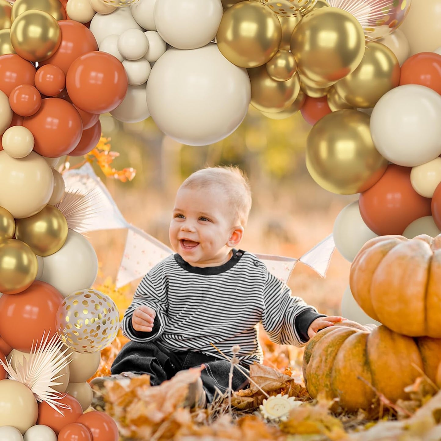 Amandir 153pcs Orange Balloon Arch Garland Kit, Different Sizes 18 12 10 5inch Latex Metallic Gold Confetti White Sand Pastel Orange Fall Balloons for Pumpkin Baby Shower Birthday Party Decorations