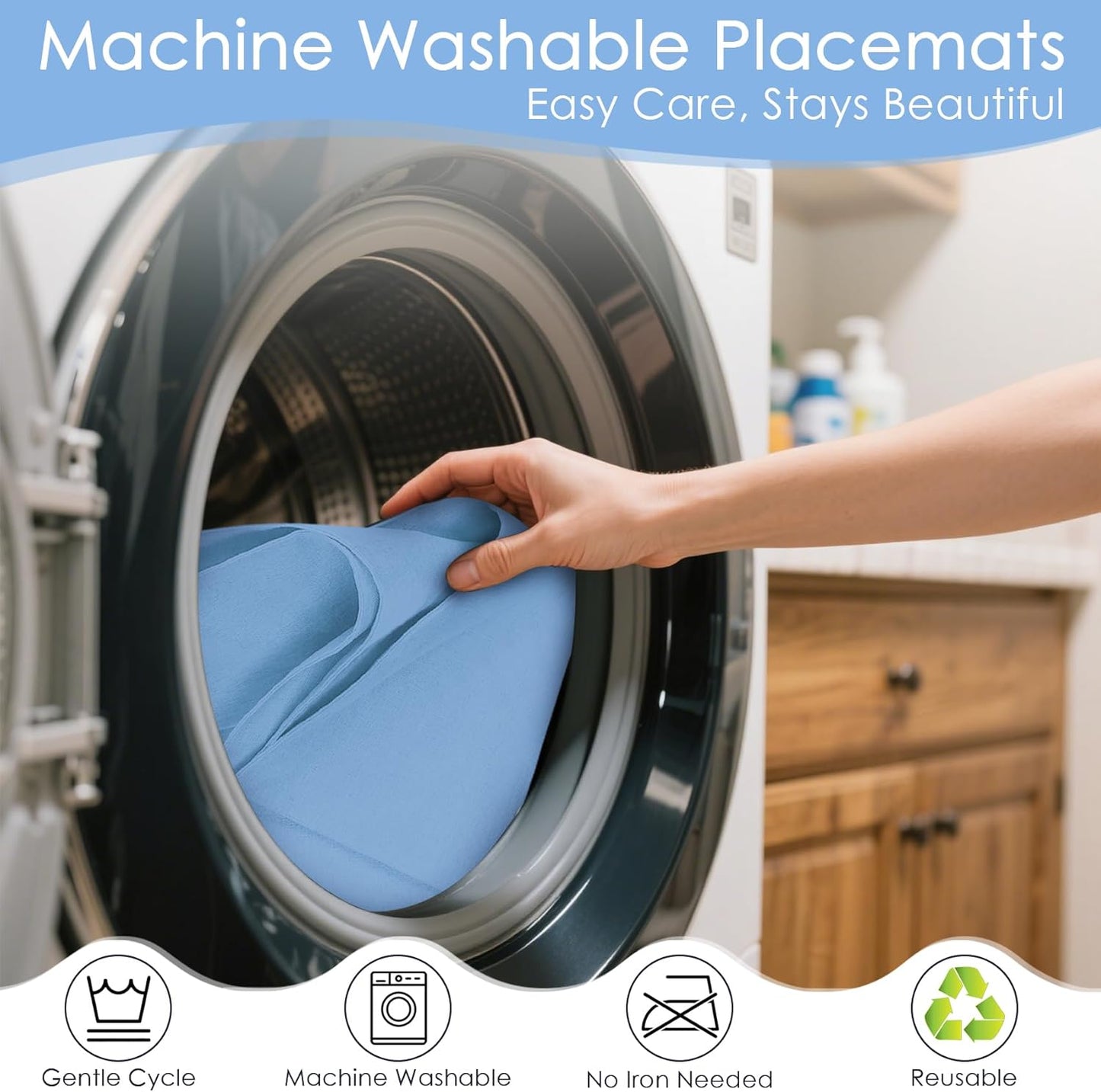 MANSPHIL Table Cloth Placemats Set of 4 Washable Cotton Thick Faux Linen Place Mats Heat Resistant Double Layer Table Mats for Dining Kitchen Indoor Use - 13x19 Inch Light Blue
