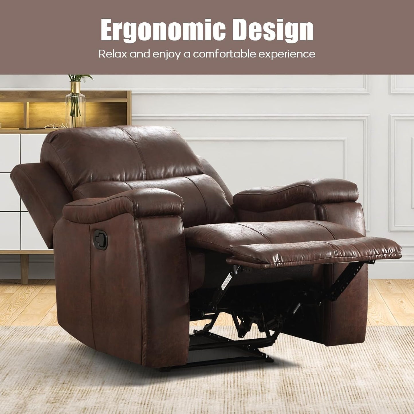 Brown Recliner Chair, Single Overstuffed Sofa Recliners, Breathable Faux Leather Manual Reclining Chairs with Hidden Cup Holder, Arm and Back for Adults, Living Room, Bedroom, Dark Brown