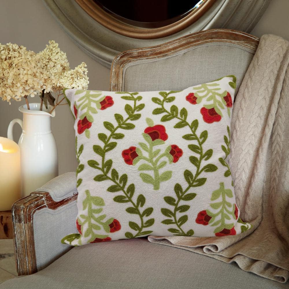 Alysheer Floral Embroidered Summer Decorative Throw Pillow Cover 18"x 18", Farmhouse Cottage Red Flowers Green Leaves Knit Pattern Cotton Canvas Cushion Case for Sofa Couch Bed Living Room Decor