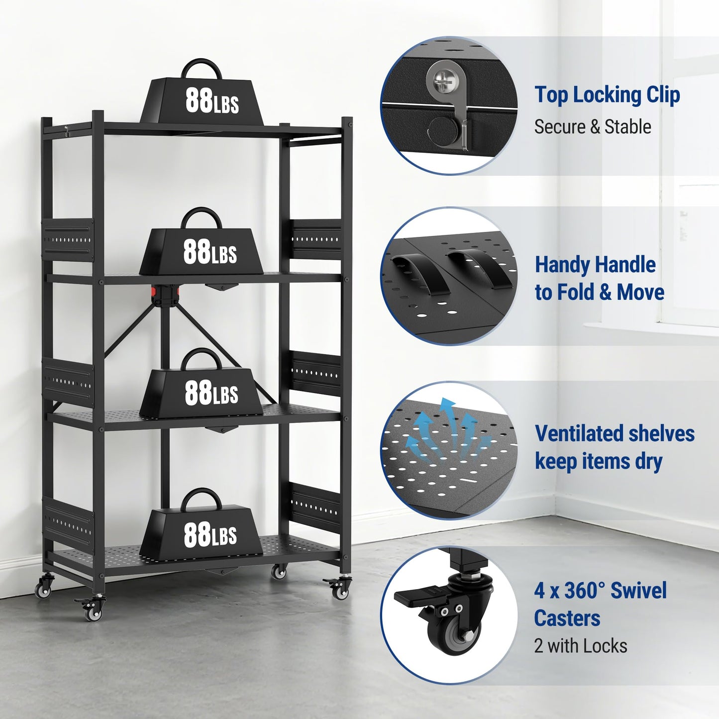 WORKPRO 4-Tier Folding Shelf, No-Assembly Metal Storage Rack with Wheels, 600 lbs Capacity (with