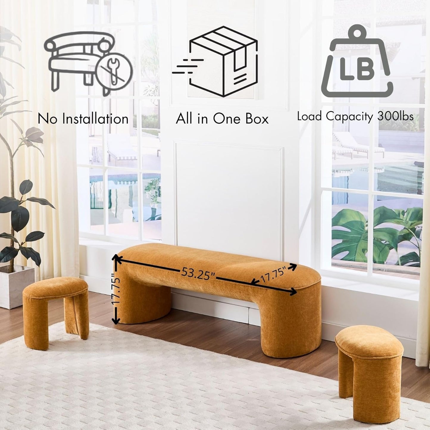 3-Piece 53" Comfy Upholstered Dining Bench with 2 Ottomans, Accent Waterfall Bench Modern End of Bed Entryway Bench Vanity Stool,Pumpkin Chenille