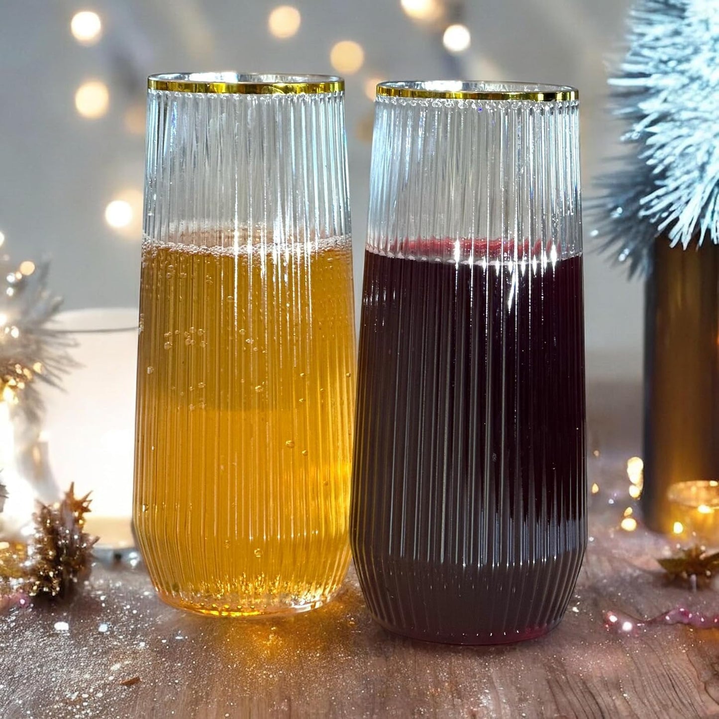 24 Pack Ribbed Origami Ripple Plastic Glasses, 12-9 Ounce Stemless Champagne Flutes & 12-12 Ounce Cups, BPA-Free Disposable Shatterproof Toasting Glasses for Weddings, Bars, and Events (Gold Rim)