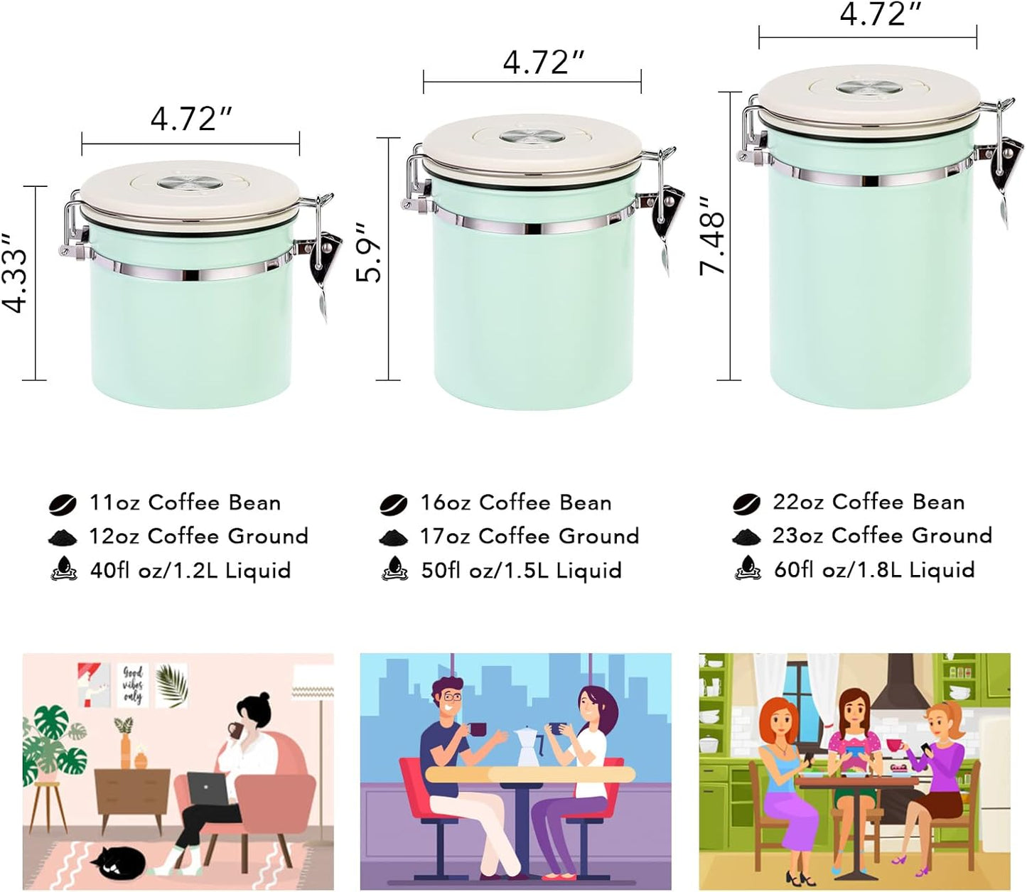 ShanSon Coffee Canister Airtight Coffee Container Stainless Steel Coffee Bean Storage Container with CO2 Release Valve and Scoop Coffee Canister for Beans,Grounds,Sugar,Flour,Tea,Cereal,11OZ,Green