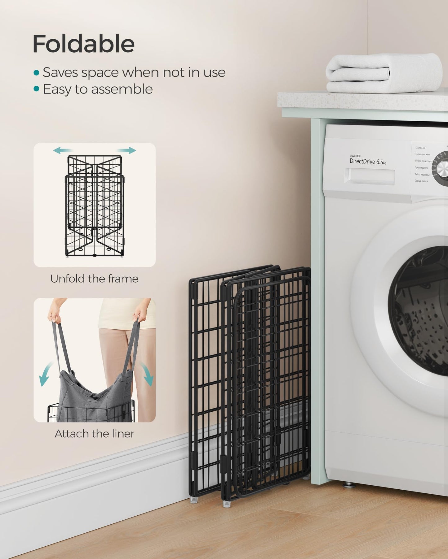SONGMICS Laundry Hamper, 11 Gal. (50L) Laundry Basket, Collapsible Clothes Hamper, Removable and