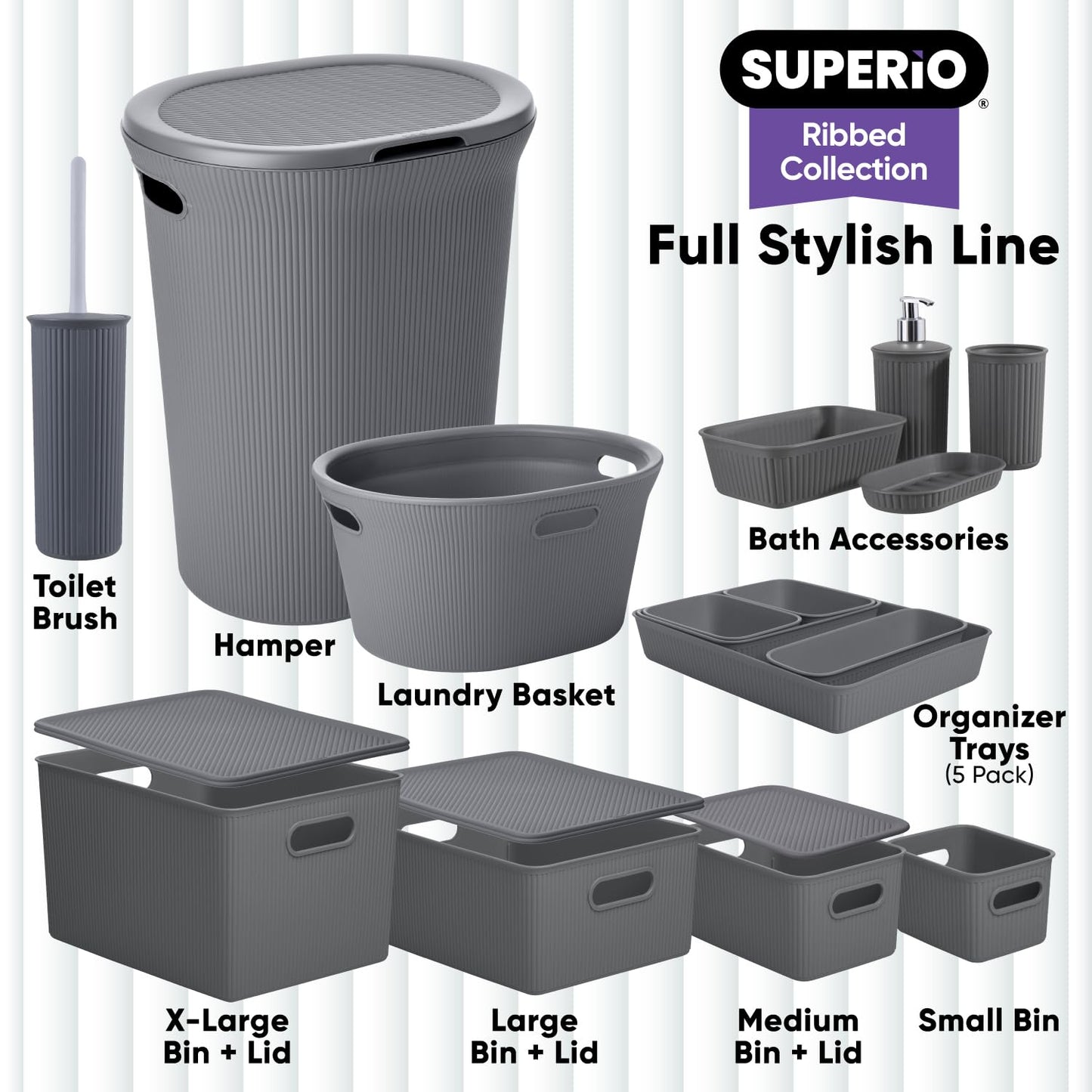 Superio Ribbed Collection - Decorative Plastic Basket Open Home Storage Bins Organizer, Medium Grey
