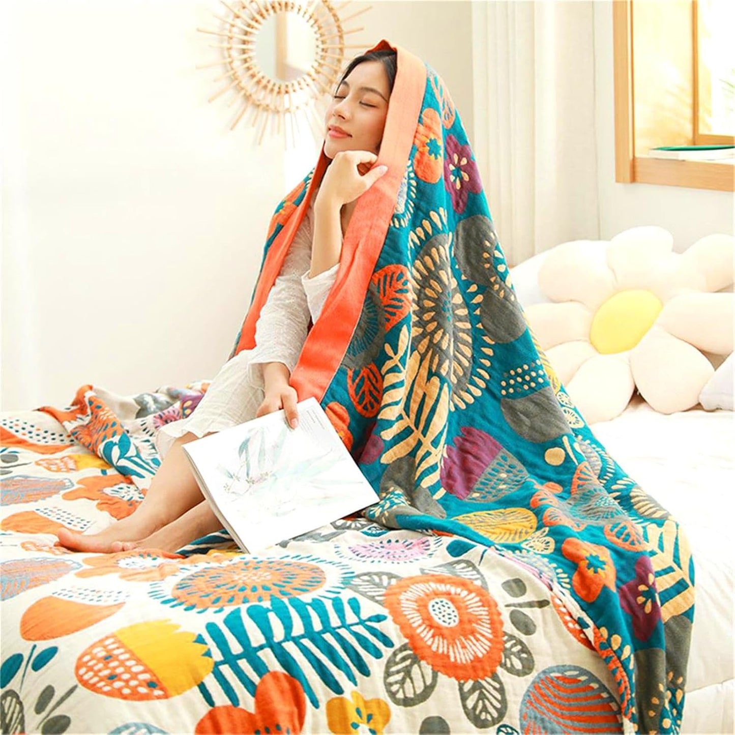 Boho Throw Blanket 60''x80'' for Bed Couch, Floral Muslin Bed Blankets Boho Quilt Travel Mexican 100% Cotton Super Soft Summer Blanket Picnic Blankets