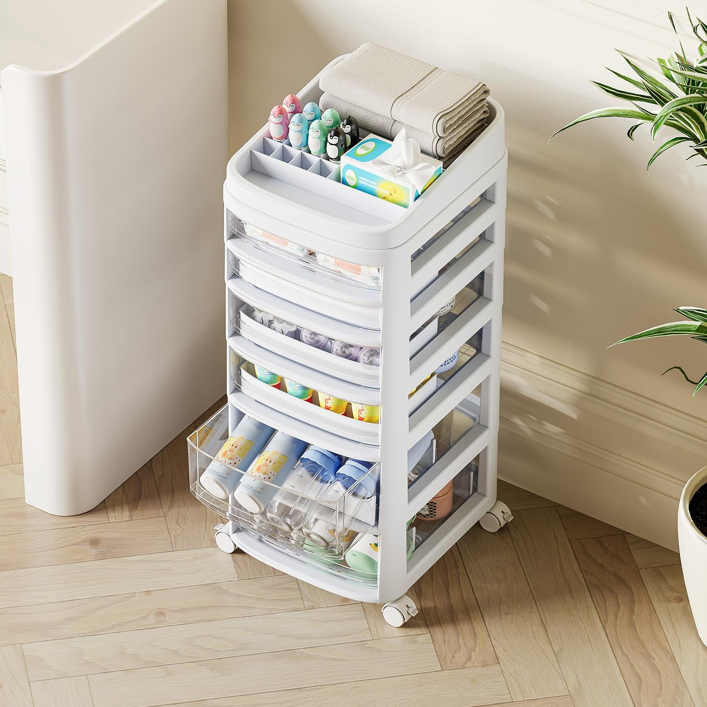 Rolling Cart with 6 Drawers, Clear Plastic Drawer Organizers, Vanity Cart