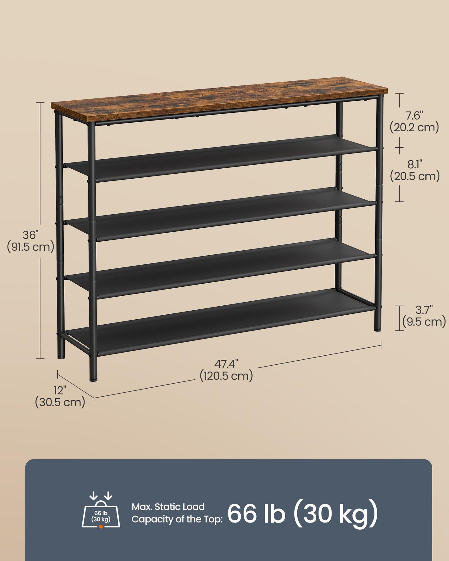 SONGMICS HOME 5-Tier Shoe Rack, Free Standing Shoe Storage Organizer, 12 x 47.4 x 36 Inches, Metal