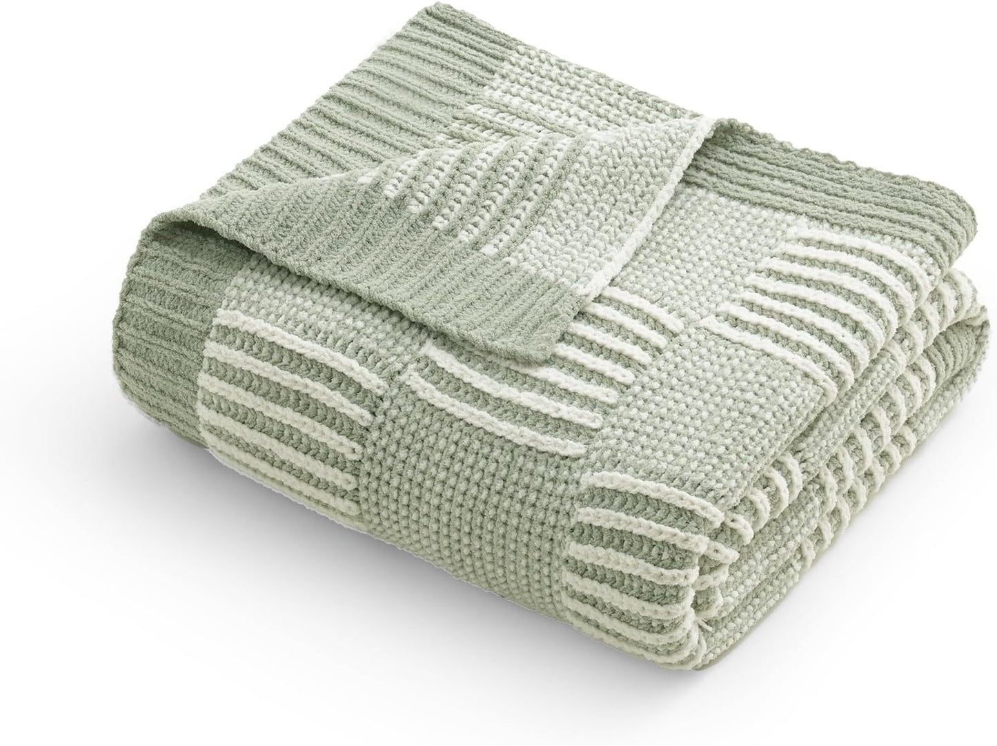 Amélie Home Chenille Knit Throw Blanket for Couch, Checkered Texture Decorative Soft Blanket for Sofa, Bed & Living Room, 50"x60", Sage Green & White