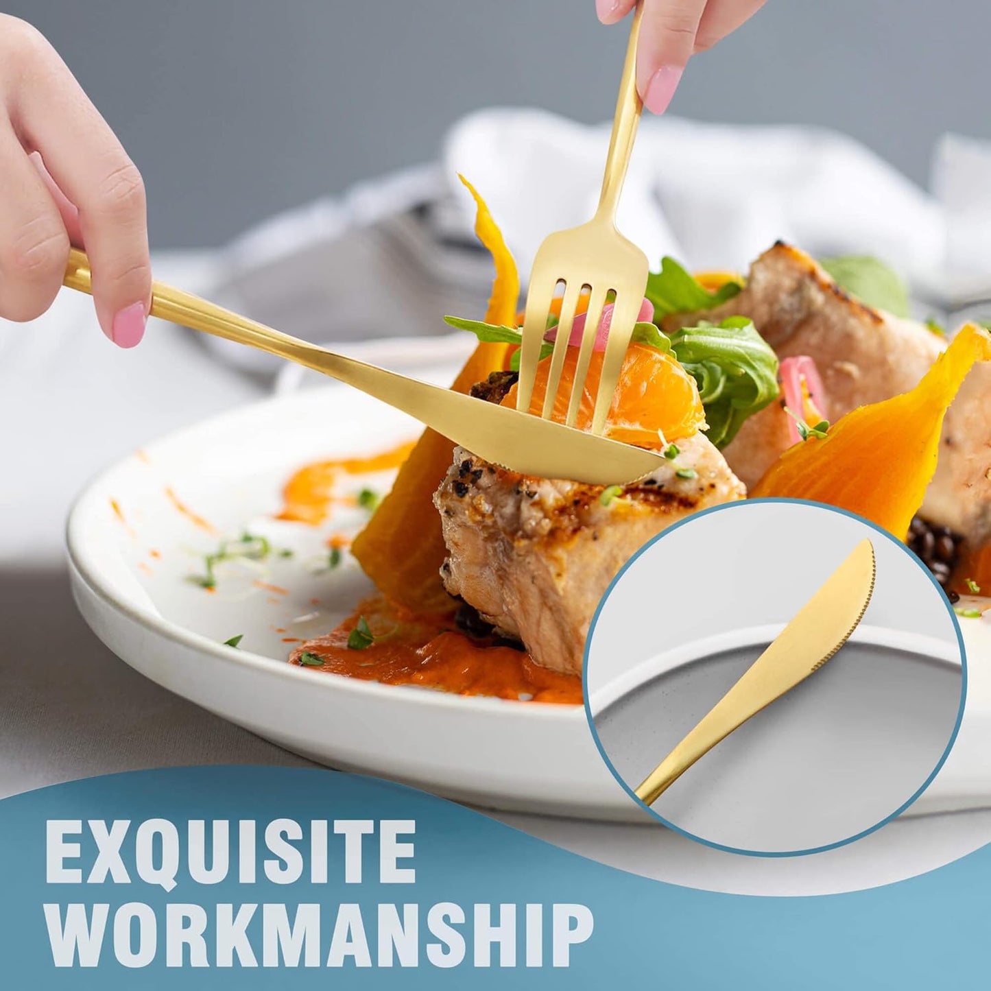 Matte Gold Silverware Set for 8,Modern Stainless Steel Brushed Cutlery Set,40-Pieces Heavy Duty Flatware Set,Knives Spoons and Forks Set Utensils Set,Satin Finish,Dishwasher Safe