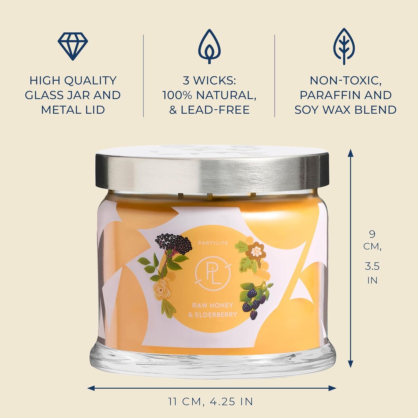 PartyLite Raw Honey & Elderberry Scented, Notes of Alpine Elderflower, Soft Jasmine & Golden Amber, 13.2oz 3-Wick Jar Candle, 45 Hour Burn Time, Luxurious Fragrance, Ideal for Gifting
