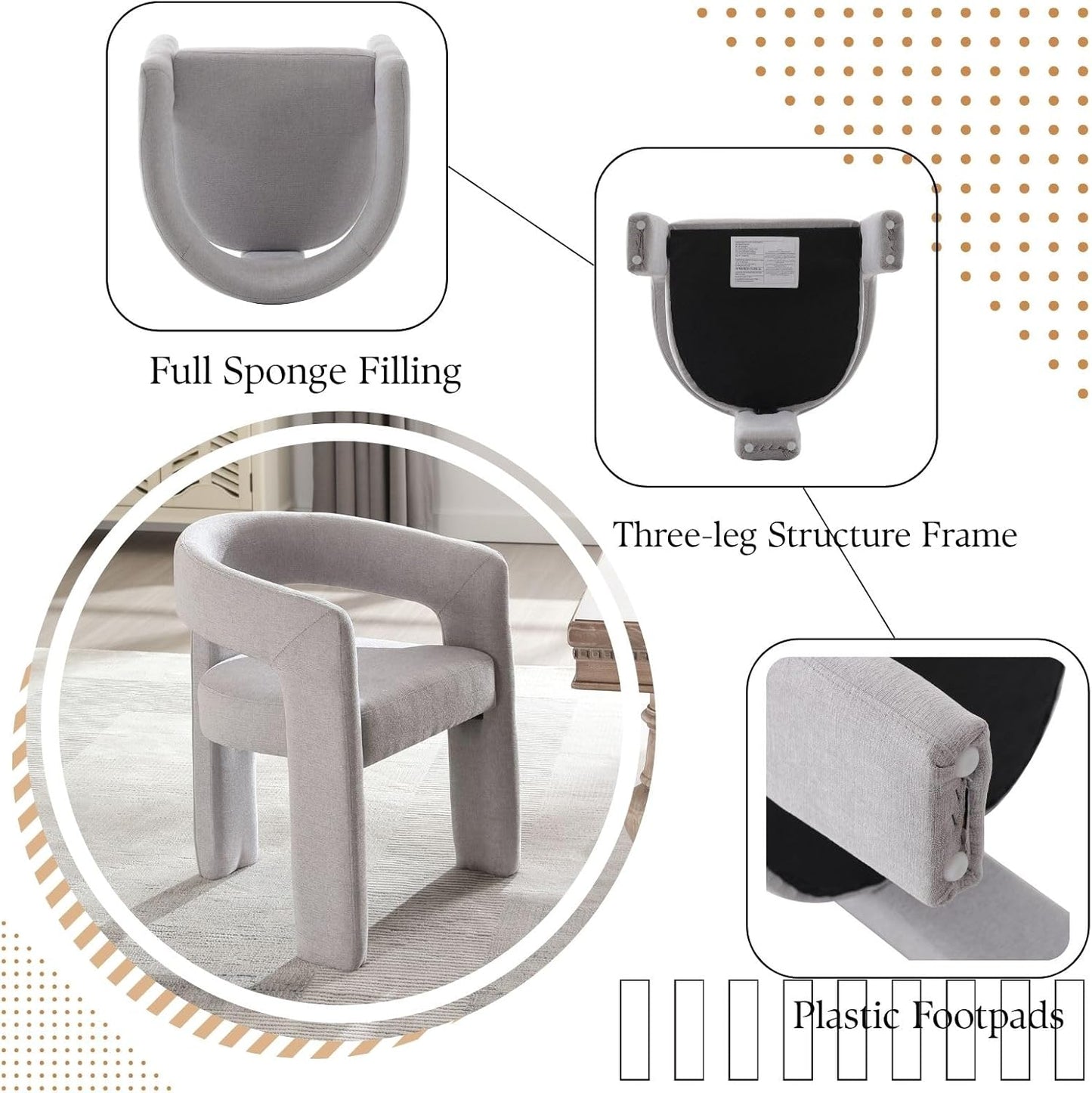 Grey Chenille Dining Chairs Set of 2, Modern Barrel Dining Room Chairs Upholstered Faux Fur Accent Chair with Arms and Round Back for Living Room Kitchen Armchair No Assembly Needed