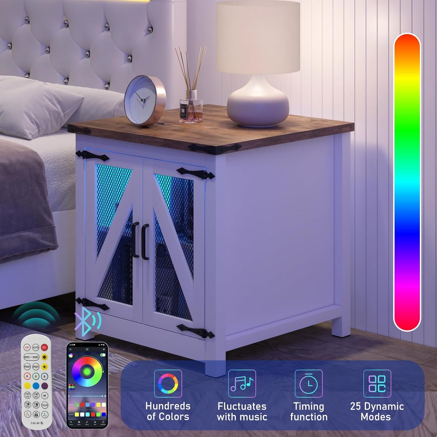 Farmhouse End Table, 24" Large Sofa Side Table with Charging Station, Mesh Barn Door, and Adjustable Storage Shelf, Rustic Wood Square Nightstand for Living Room, Bedroom, Office, White &Brown