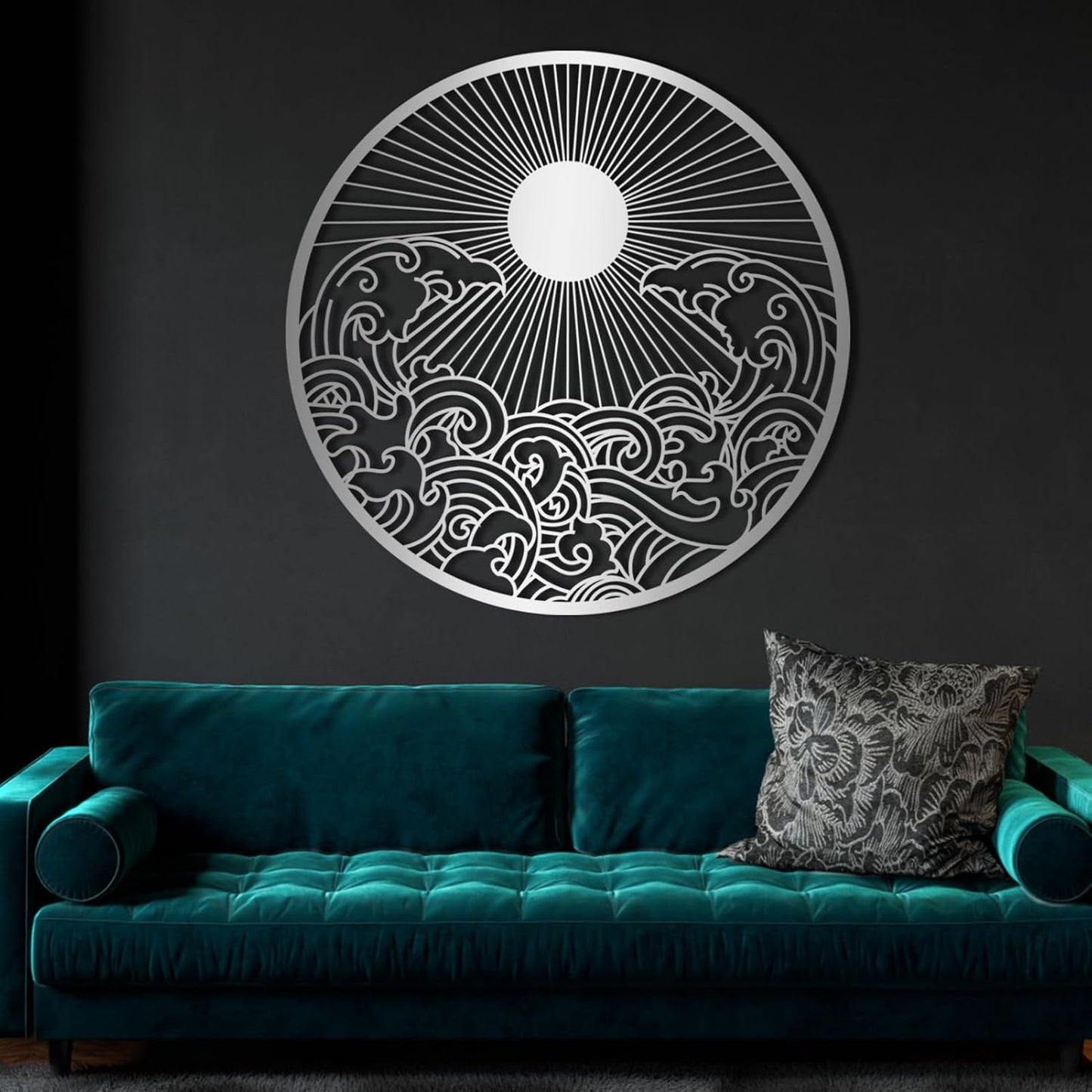 flyoak Metal Sun Wall Decor Outdoor, Sunrise Metal Wall Art, Metal Wave Wall Art, Sunrise and Wave Wall Decor, Sunburst Wall Art, Sunset Wall Art, Wall Hangings for Bedroom (Black, 30x30in|76x76cm)
