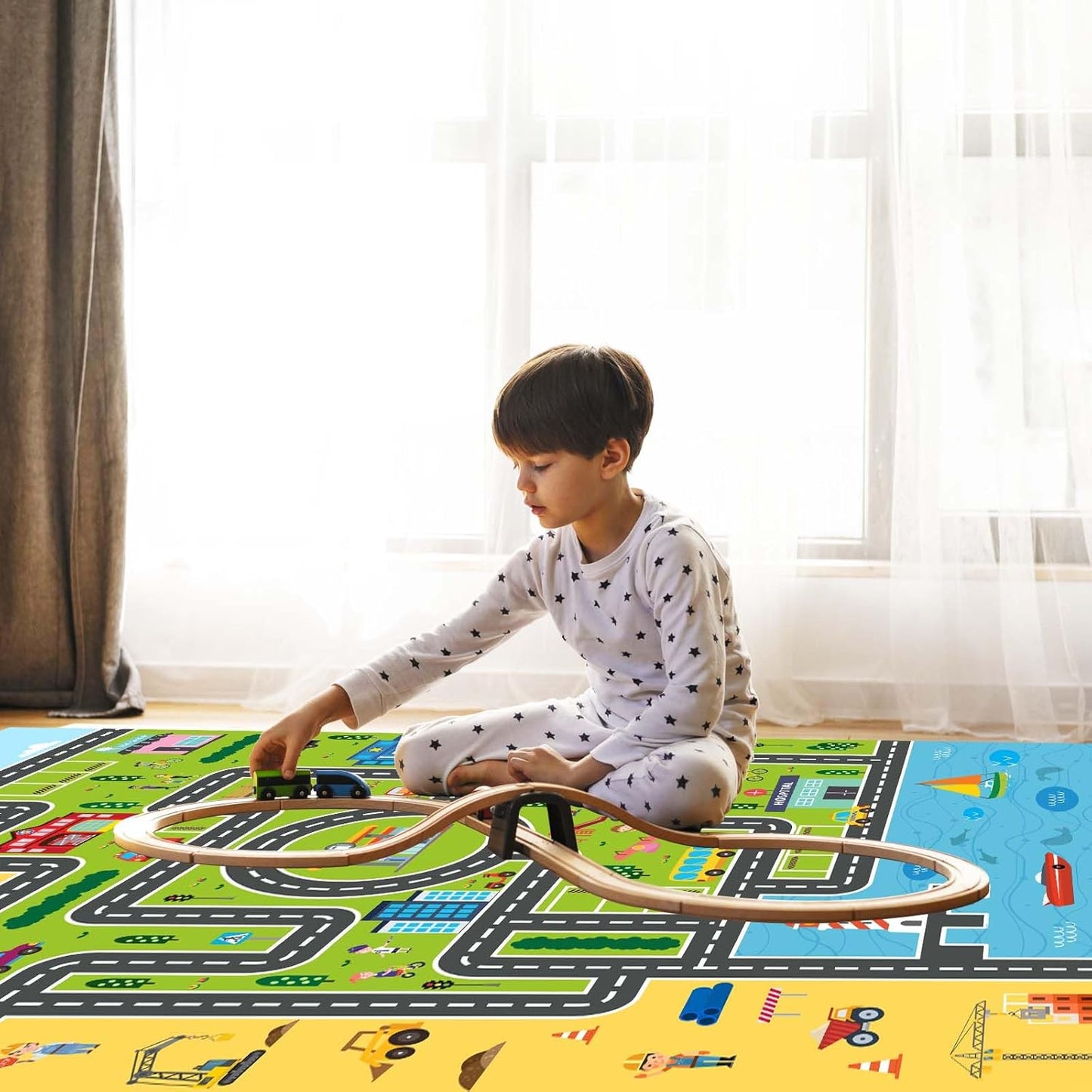 Kids Rug Playroom Car Rug Play Mat City Life Road Rugs Fun City Map for Kids Toy Cars Carpet for Bedroom Boys (Green-Rug, 6.6x9.8ft)