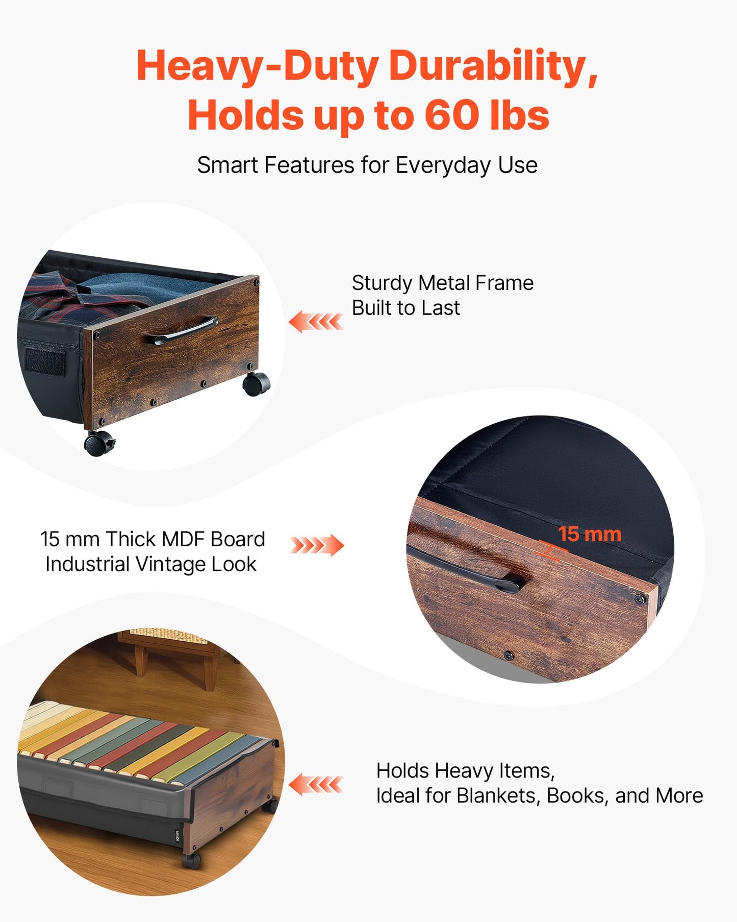 VEVOR Under Bed Storage with Wheels, 36.0 x 18.1 x 7.3 inch, Underbed Containers with Clear Lid