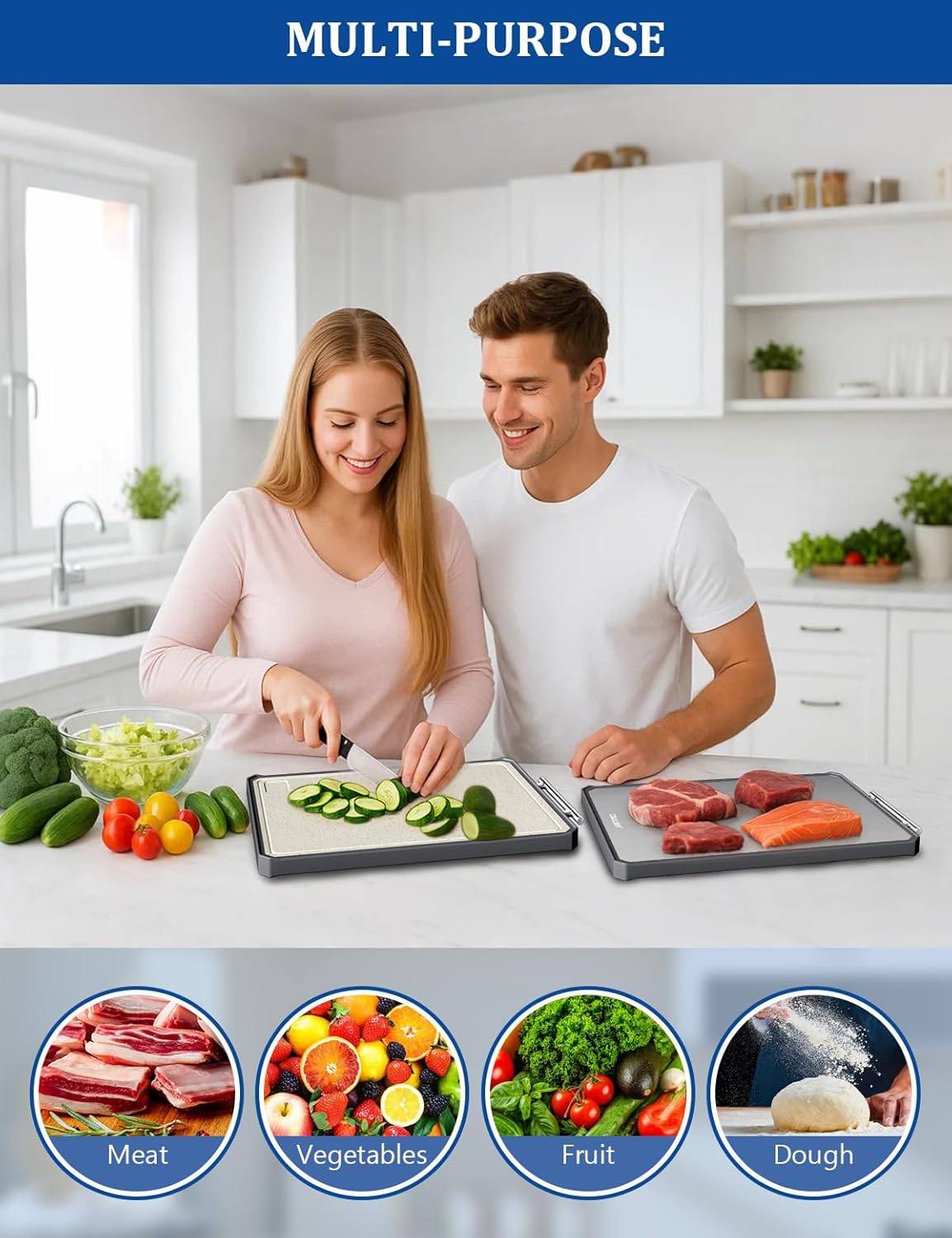 Titanium Cutting Boards for Kitchen, 2 in 1 Titanium Cutting Boards with JUICE GROOVE, Metal Chopping Board for Meat/Vegetables, Pure Titanium&Wheat Straw PP, Food-Grade, Dishwasher Safe16.3”×11”-1 PC