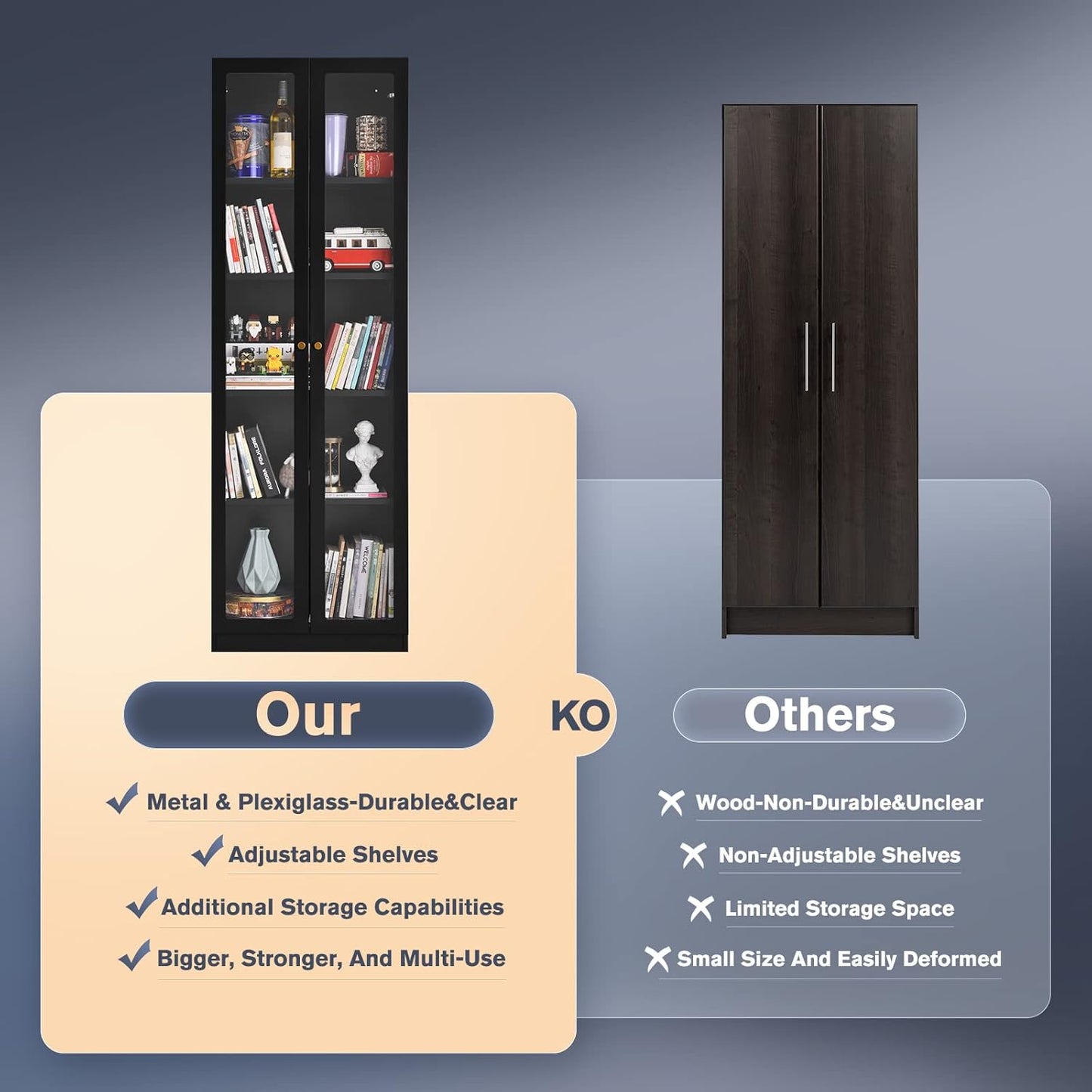 5 Tier Metal Curio Cabinets, 71" Tall Modern Bookshelf Cabinet with 4 Adjustable Shelves, Cabinet Display Case for Home Office, Living Room, Pantry, Assemble Required, Black