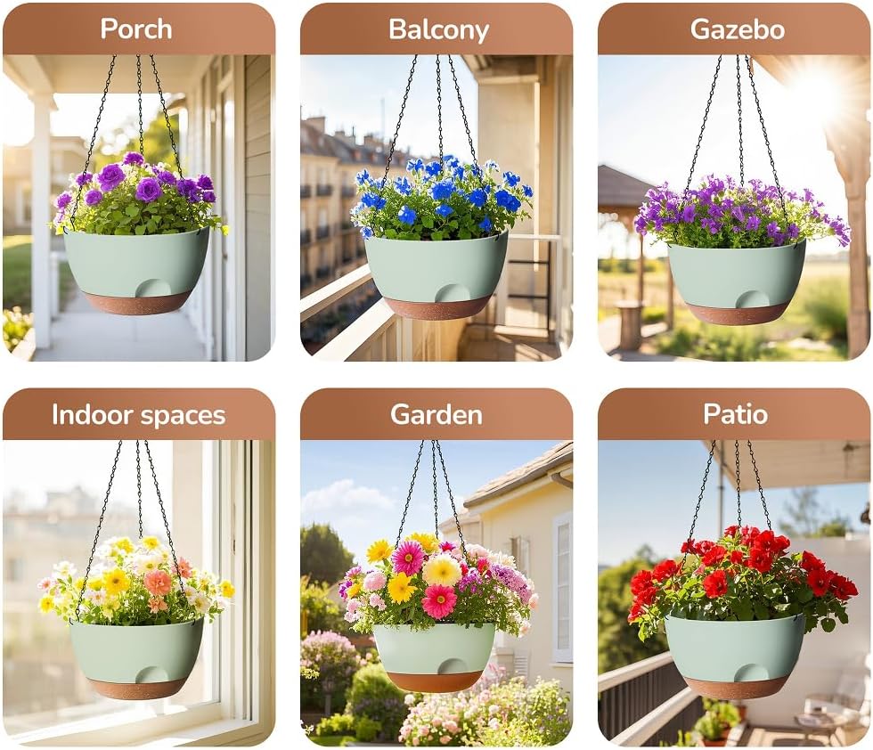 12 Inch Hanging Baskets for Plants Outdoor, Hanging Planters for Indoor Outdoor Plants, Hanging Planter with Self Watering, Hanging Flower Pots (Green)