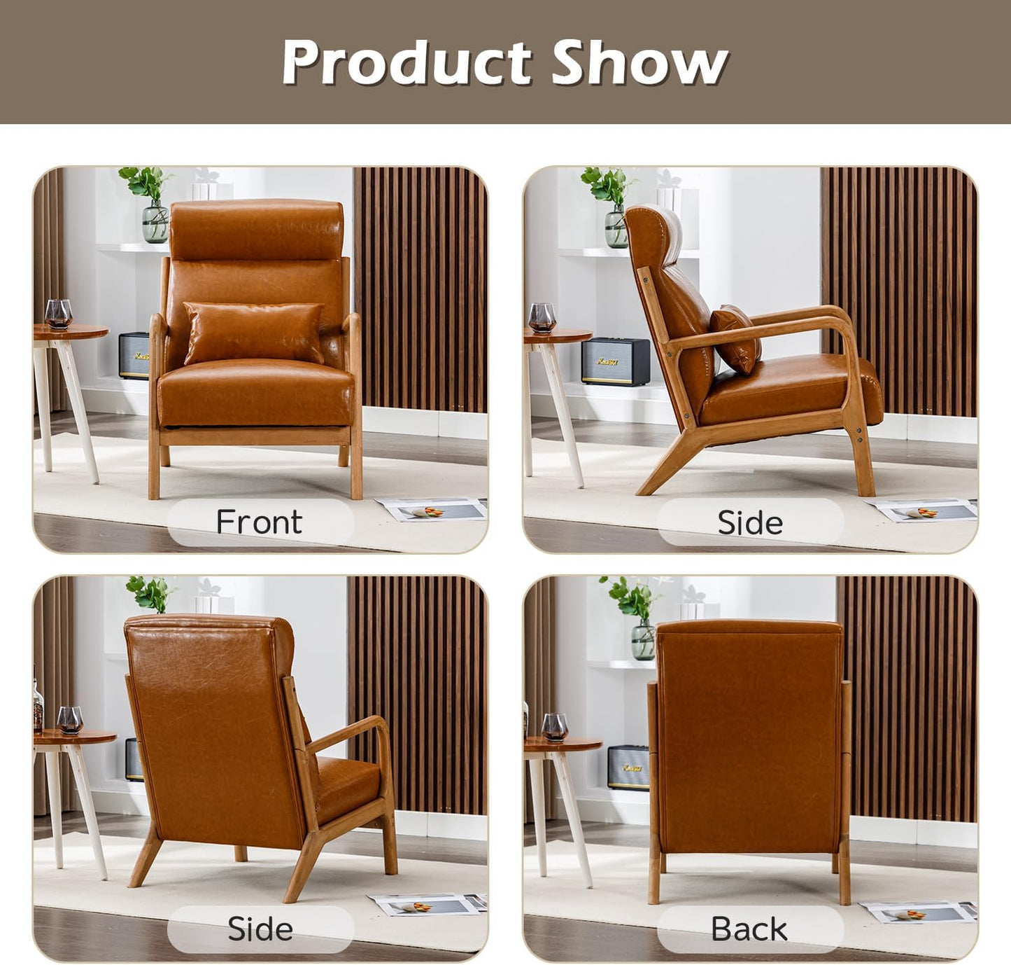 INZOY Mid Century Modern Accent Chair Set of 2, High Back Reading Armchair with Wood Frame, PU Leather Living Room Chairs with Waist Cushion, Single Lounge Arm Chair for Bedroom Sunroom, Camel