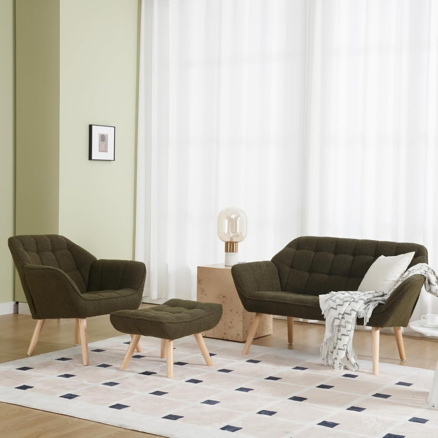 Green Sherpa Accent Chair with Ottoman ,Modern Reading Chair with Ottoman Set, Comfy Fuzzy Armchair Living Room Chair Lounge Chair with Wood Legs for Small Spaces Bedroom Apartment