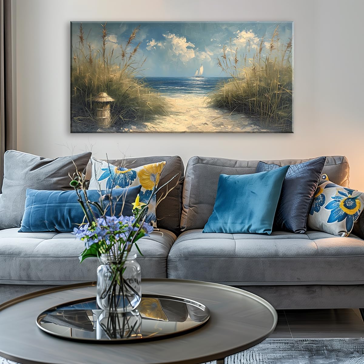 LASMOND Beautiful White Sandy Beach by Seaside Landscape Wall Art Decor Artwork for Bedroom Living Room (20x40 Inches)