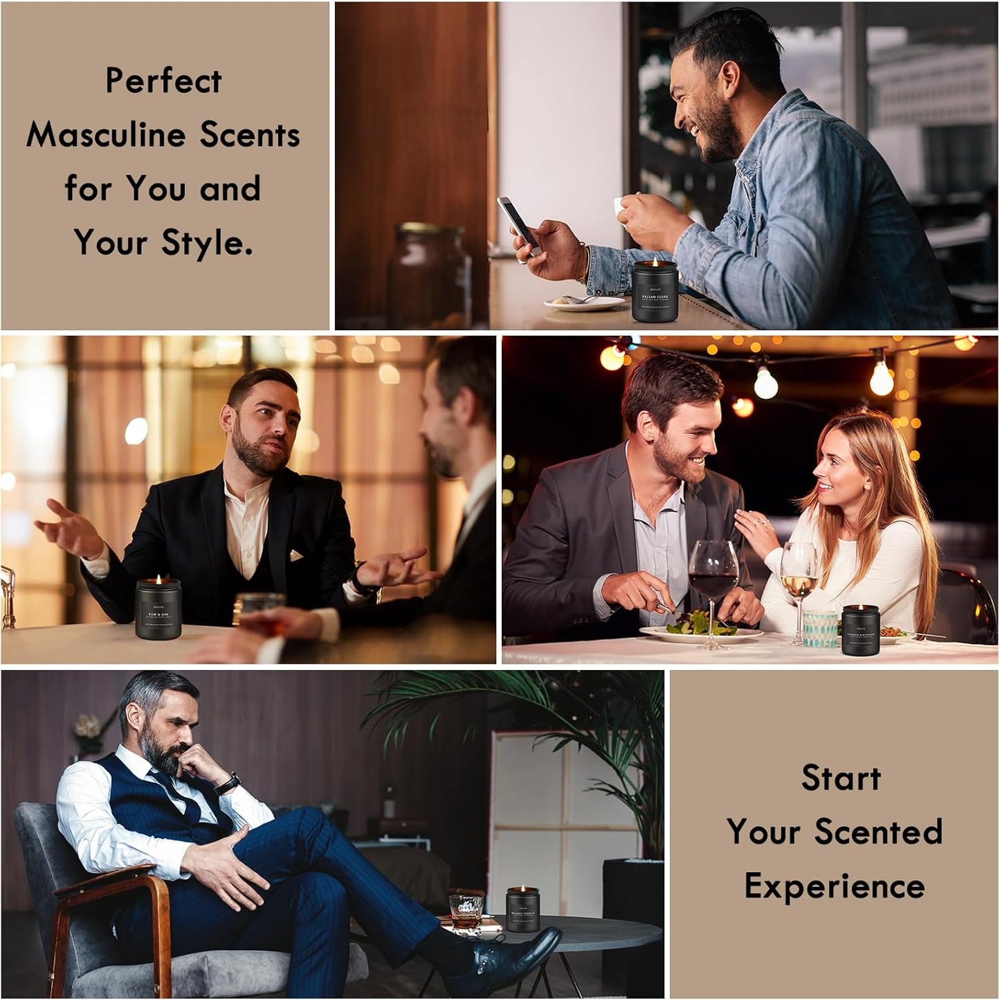 Scented Candles Set | Gifts for Men - 4Pack Candle Masculine Candle, Soy Candles for Home Scented, Aromatherapy Gifts Scents of Caramel Coffee/Whiskey Tobacco/Rum & Oak/Vintage Leather